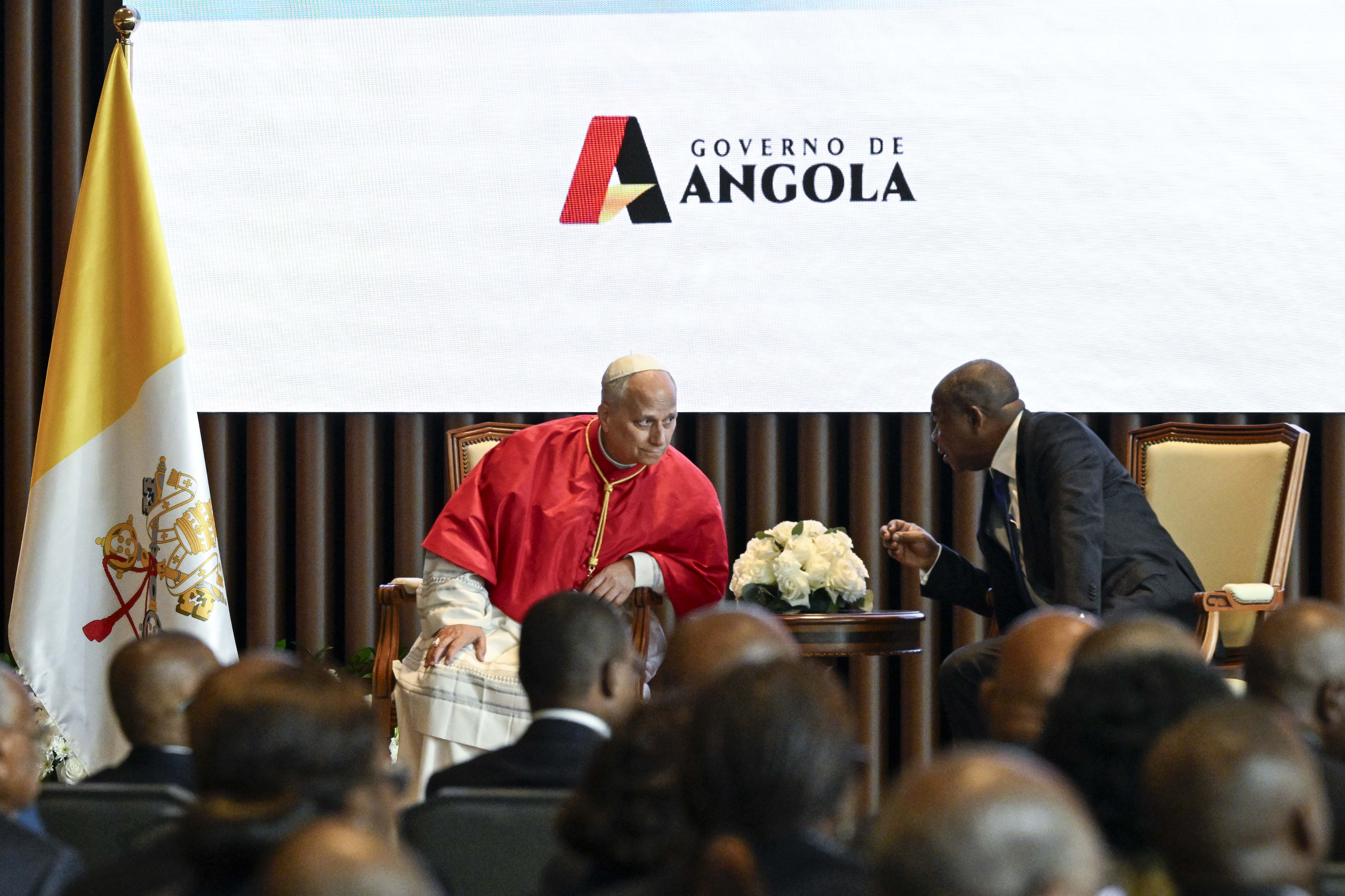Pope Leo XIV speaks to Angolan President João Manuel Gonçalves Lourenço during a meeting with government officials and civil leaders in Luanda, Angola, Saturday, April 18, 2026. | Credit: Vatican Media