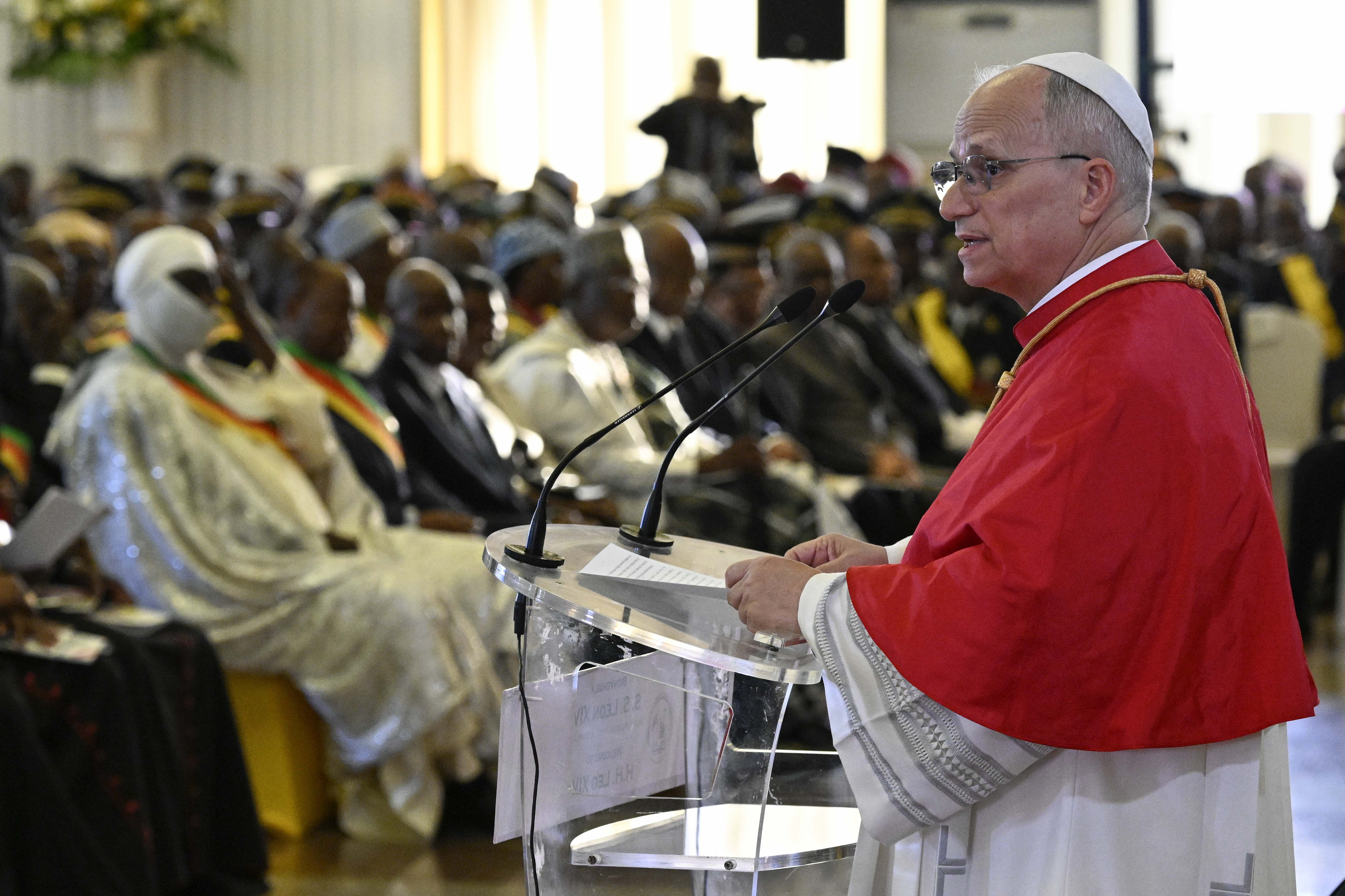 Pope Leo XIV speaks to clergy and Cameroonian officials at the Presidential Palace in Yaoundé, Wednesday, April 15, 2026. | Credit: Vatican Media