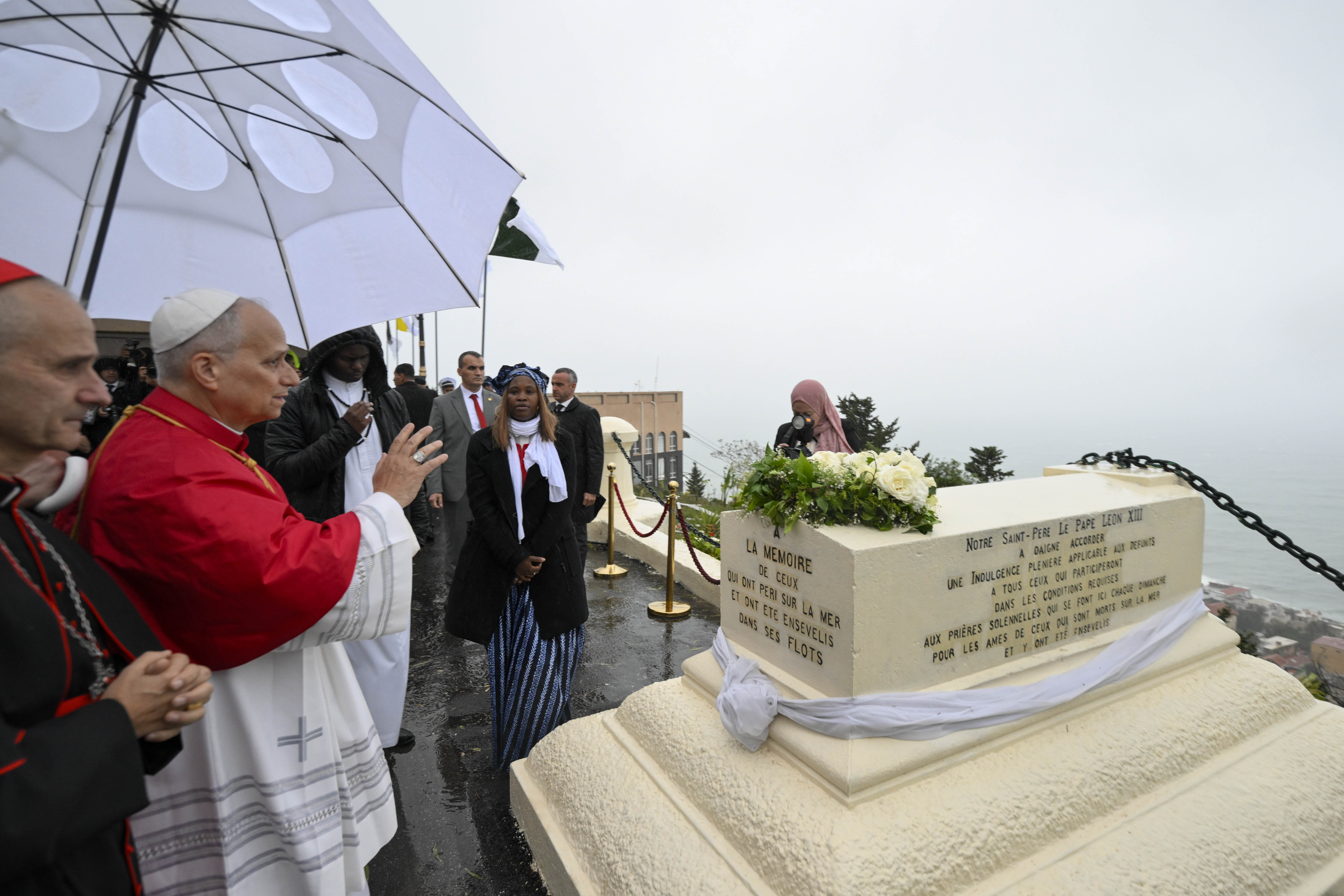 Pope Leo XIV visits a monument to those who perished at sea at the Basilica of Our Lady of Africa in Algiers, Algeria, Monday, April 13, 2026. | Credit: Vatican Media