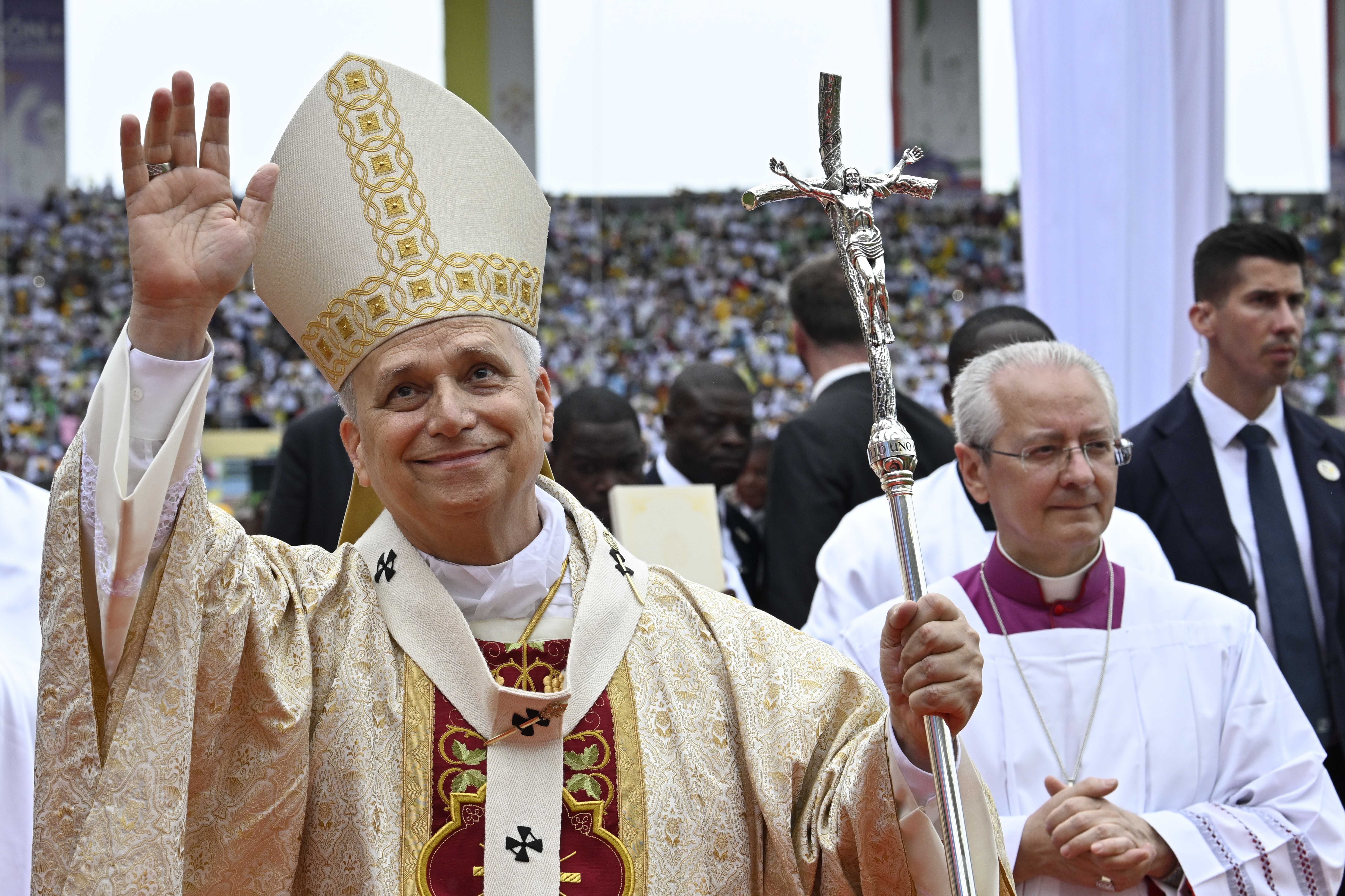 Pope Leo XIV greets the faithful during Mass at Malabo Stadium in Equatorial Guinea, Thursday, April 23, 2026. | Credit: Vatican Media