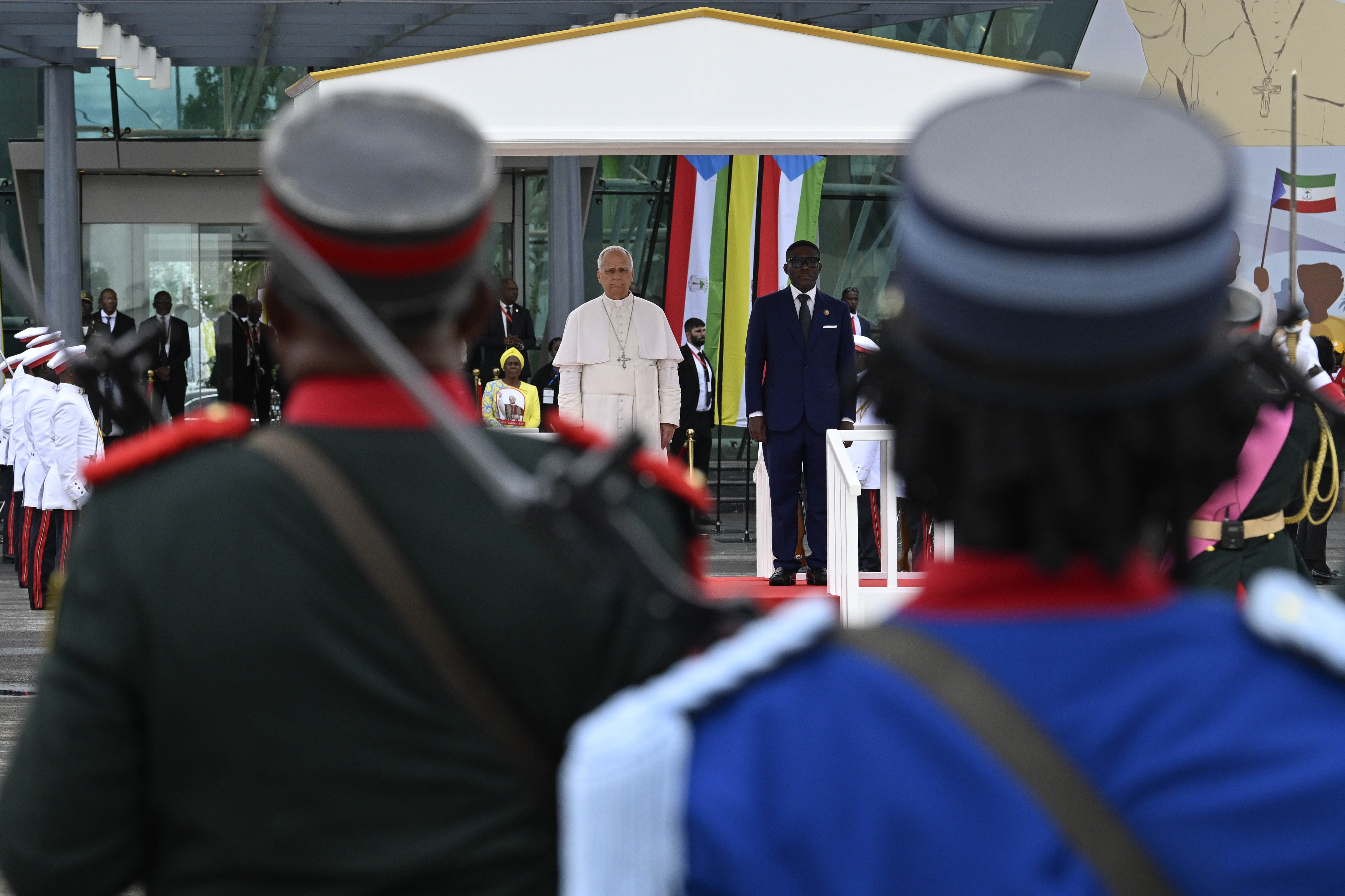 Pope Leo XIV participates in a farewell ceremony at the Malabo International Airport in Equatorial Guinea before leaving the country to fly back to Rome at the conclusion of his 11-day Africa trip on April 23, 2026. | Credit: Vatican Media