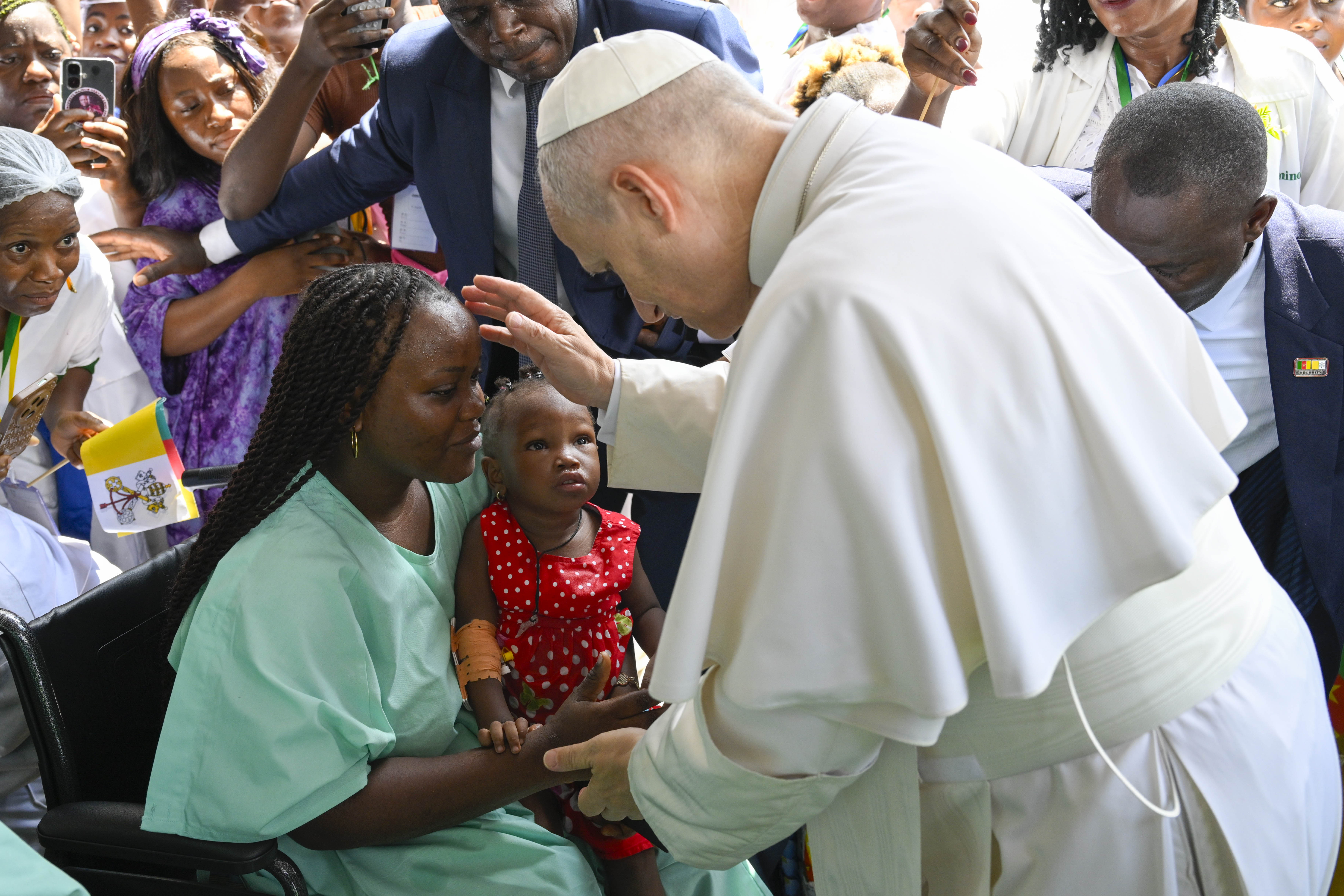 Pope Leo XIV blesses a mother and child at St. Paul Catholic Hospital in Douala, Cameroon, on Friday, April 17, 2026. | Credit: Vatican Media