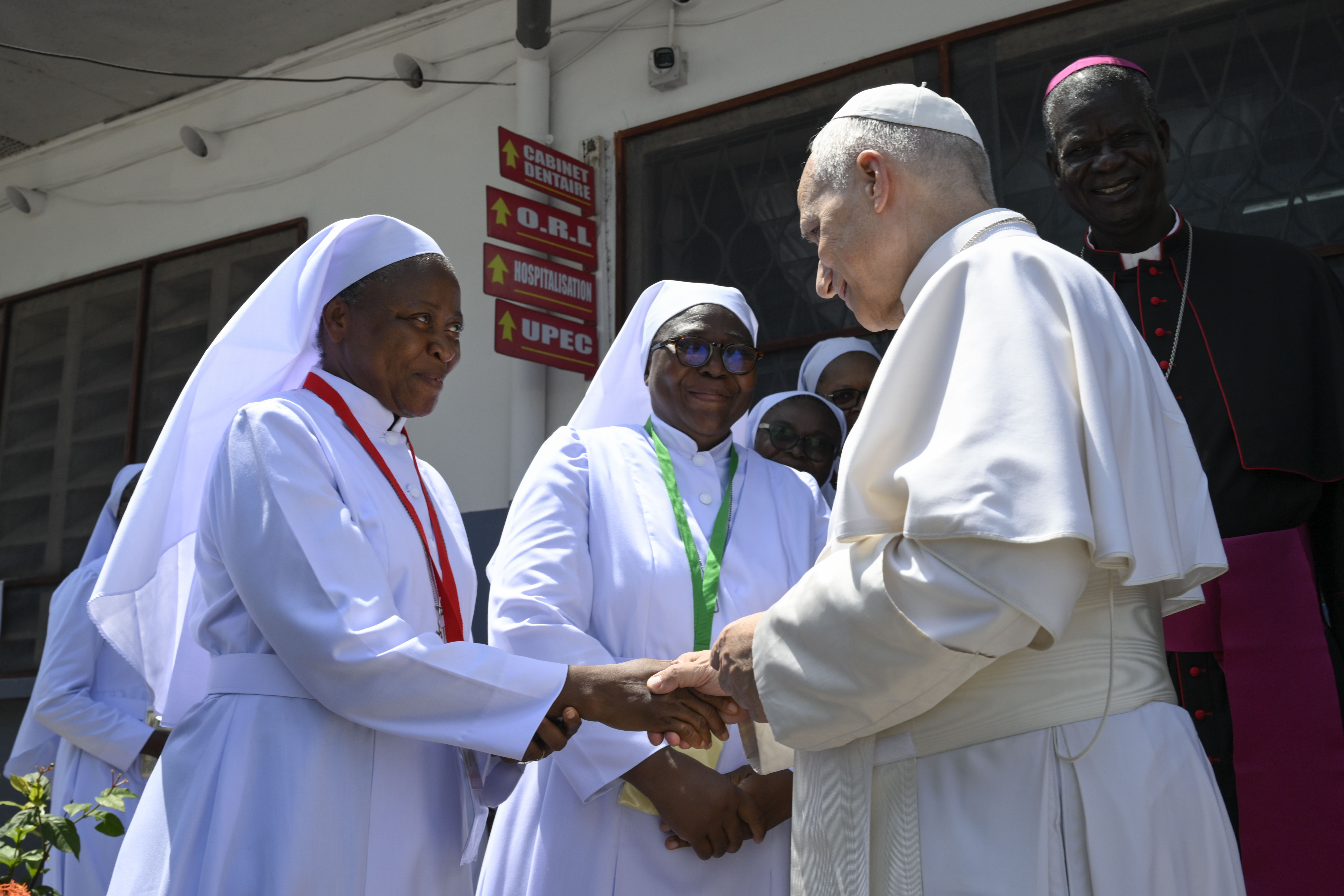Pope Leo XIV greets religious sisters at St. Paul Catholic Hospital in Douala, Cameroon, on Friday, April 17, 2026. | Credit: Vatican Media