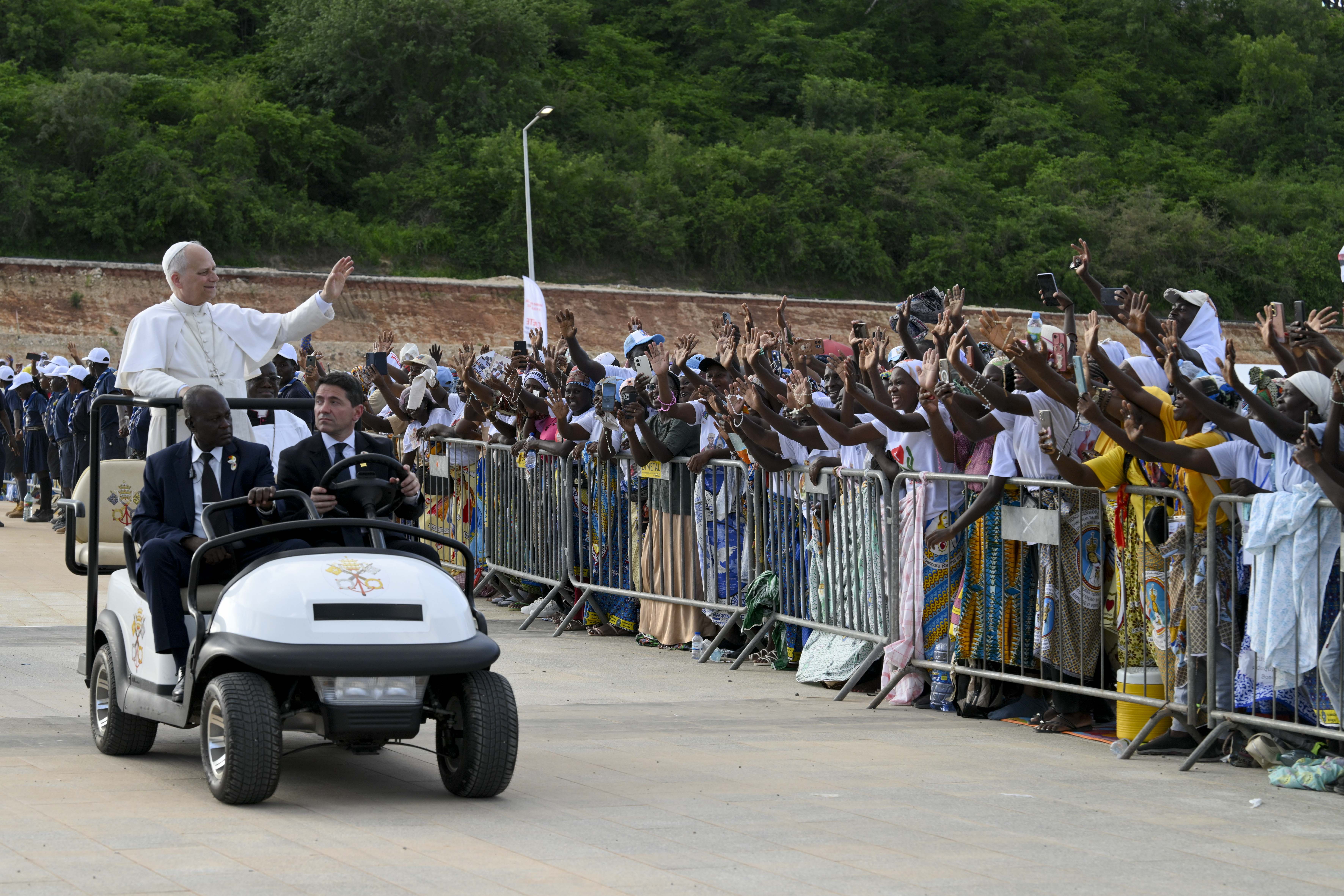 Pope Leo XIV waves to crowds gathered to pray the rosary at the Marian shrine of Mama Muxima in Kimbaxe, Angola, on April 19, 2026. | Credit: Vatican Media