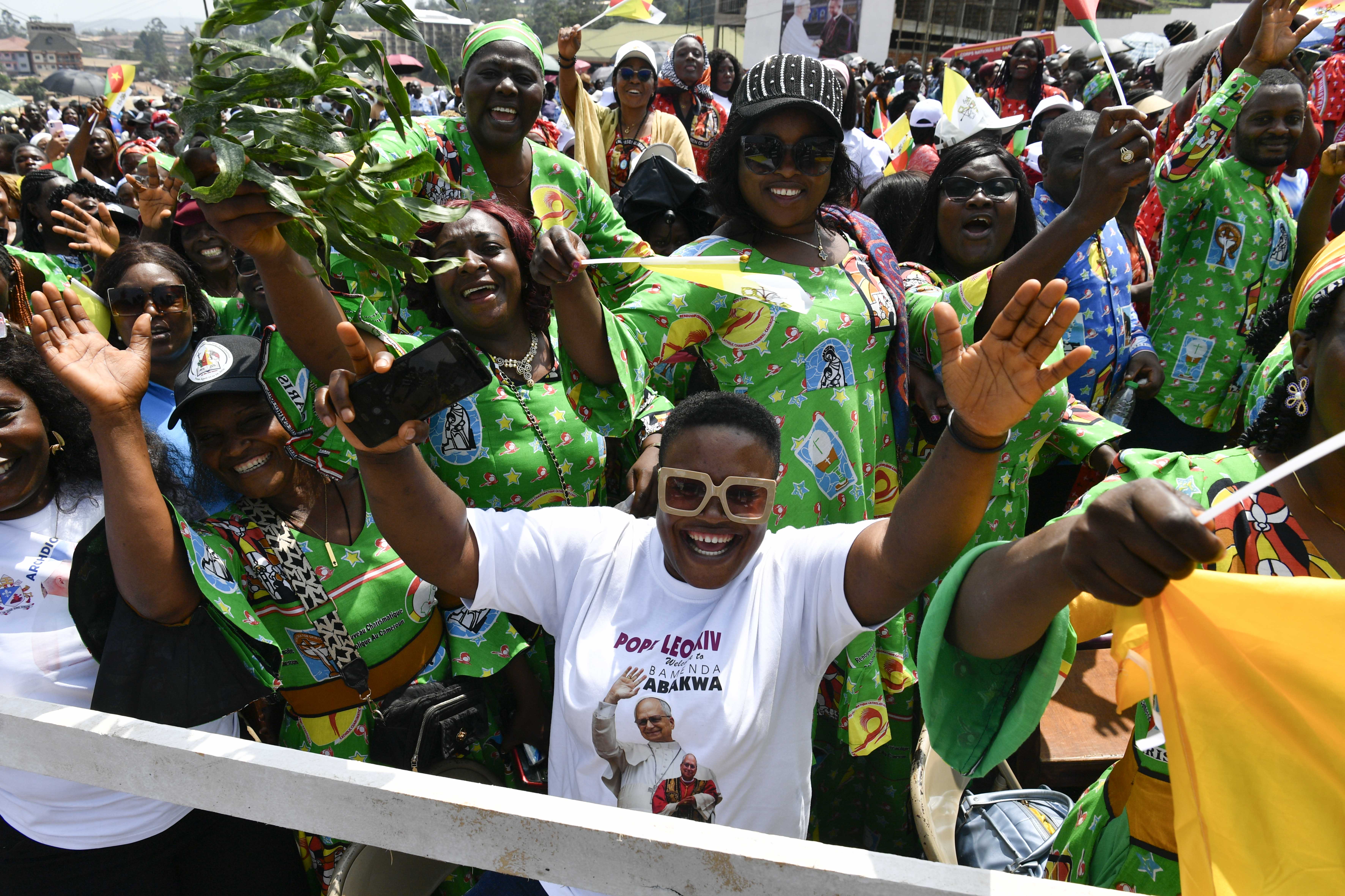 Crowds greet Pope Leo XIV upon his arrival at Yaoundé-Nsimalen International Airport in Cameroon on Wednesday, April 15, 2026. | Credit: Vatican Media