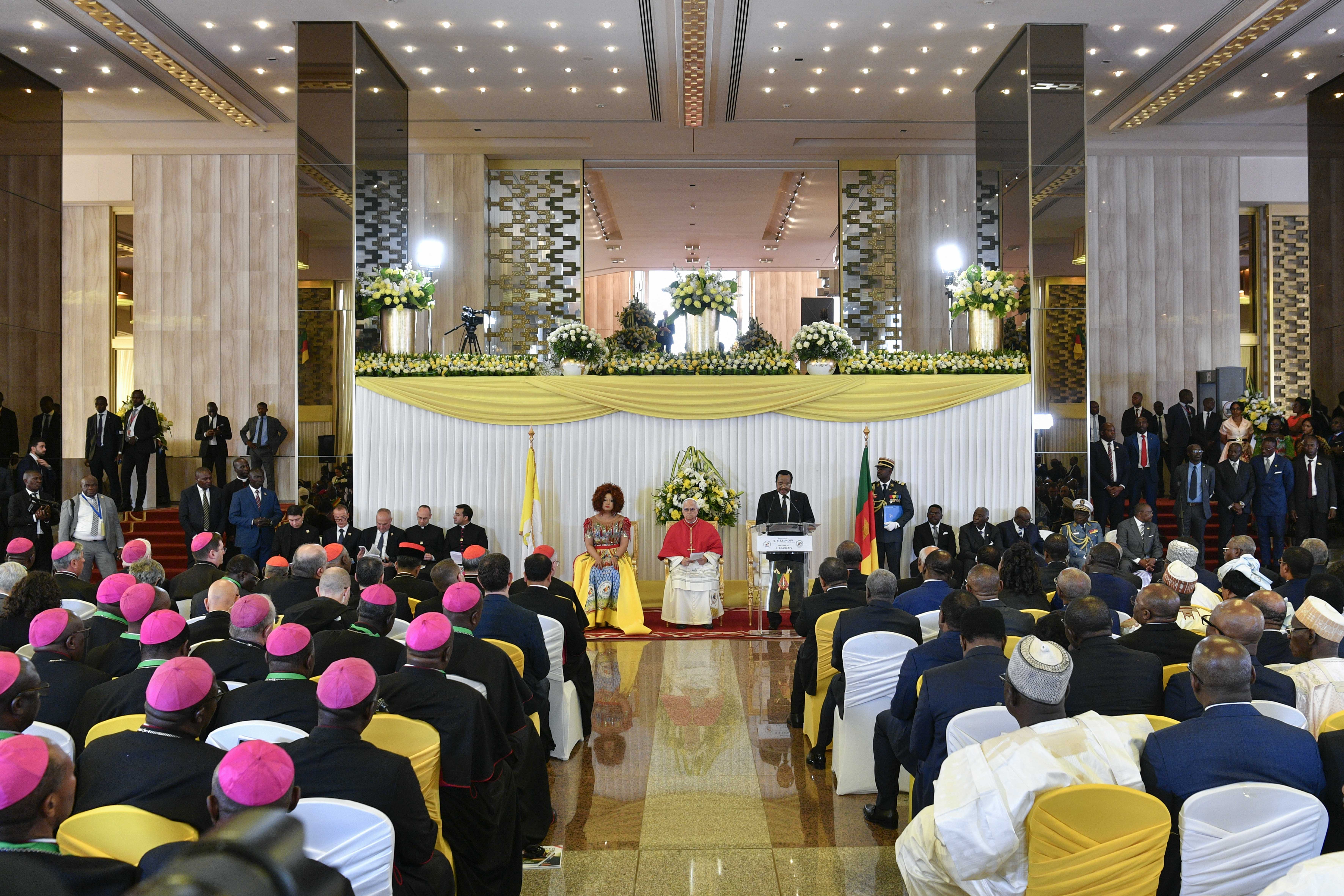 Pope Leo XIV meets with clergy and Cameroonian officials at the Presidential Palace in Yaoundé, Wednesday, April 15, 2026. | Credit: Vatican Media