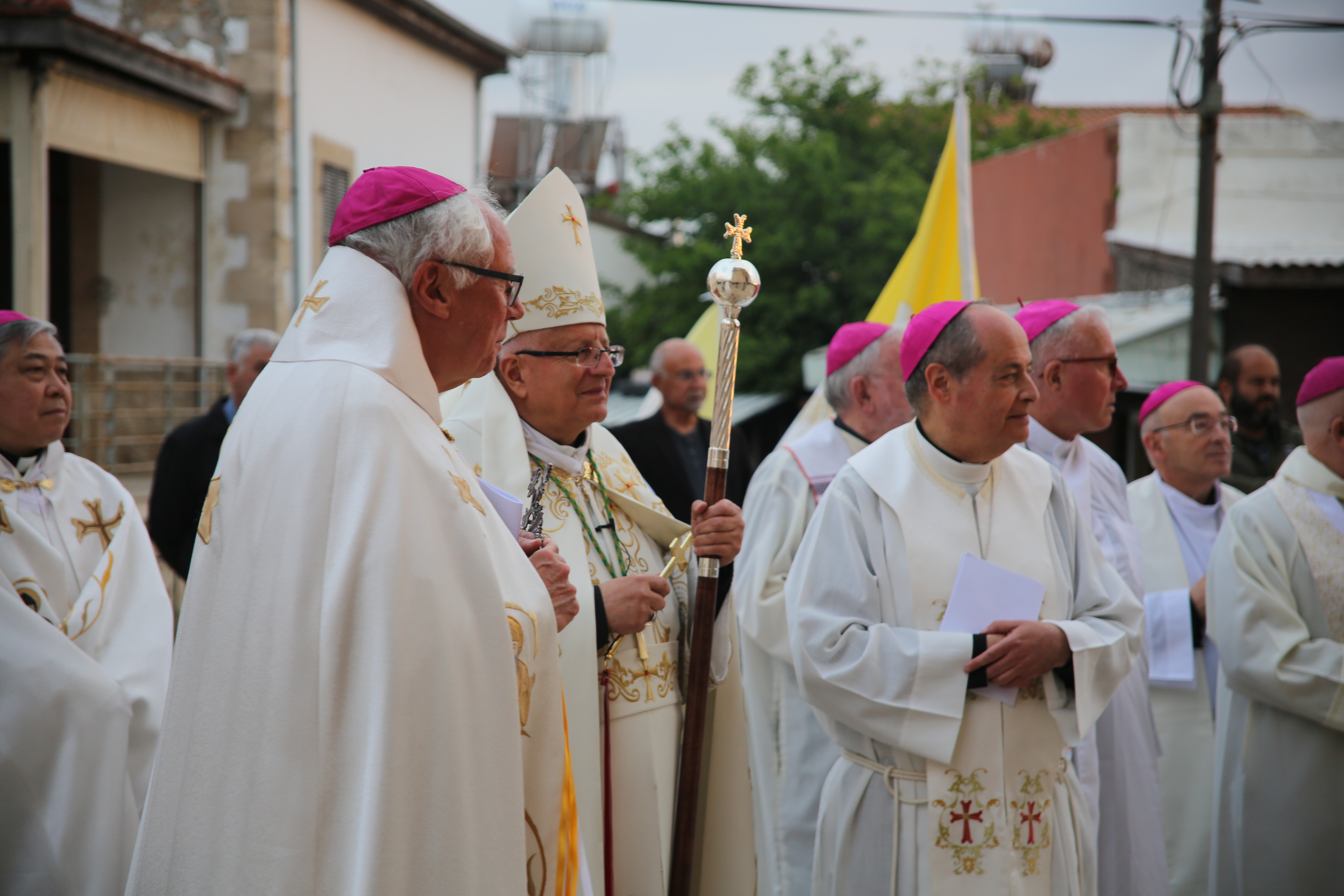 Maronite Archbishop Selim Jean Sfeir of Cyprus (center) with bishops of the European Union before Mass for the feast of St. George at Kormakitis on April 23, 2026. | Credit: Ada Lushi/COMECE