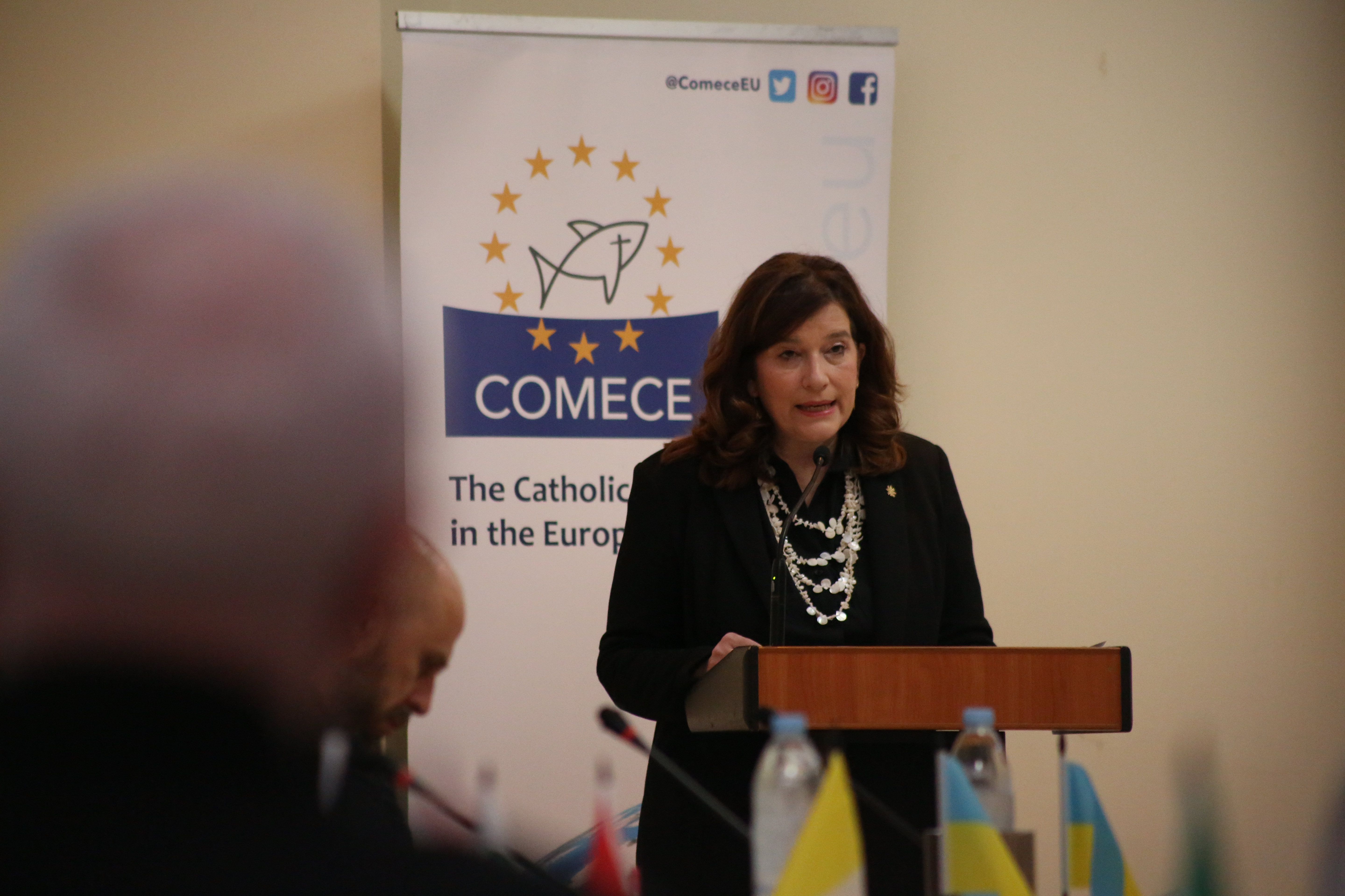 Cypriot Deputy Minister of Culture Vasiliki Kassianidou addresses the Spring Plenary Assembly of the Commission of the Bishops' Conferences of the European Union in Nicosia, Cyprus, on April 23, 2026. | Credit: Ada Lushi/COMECE