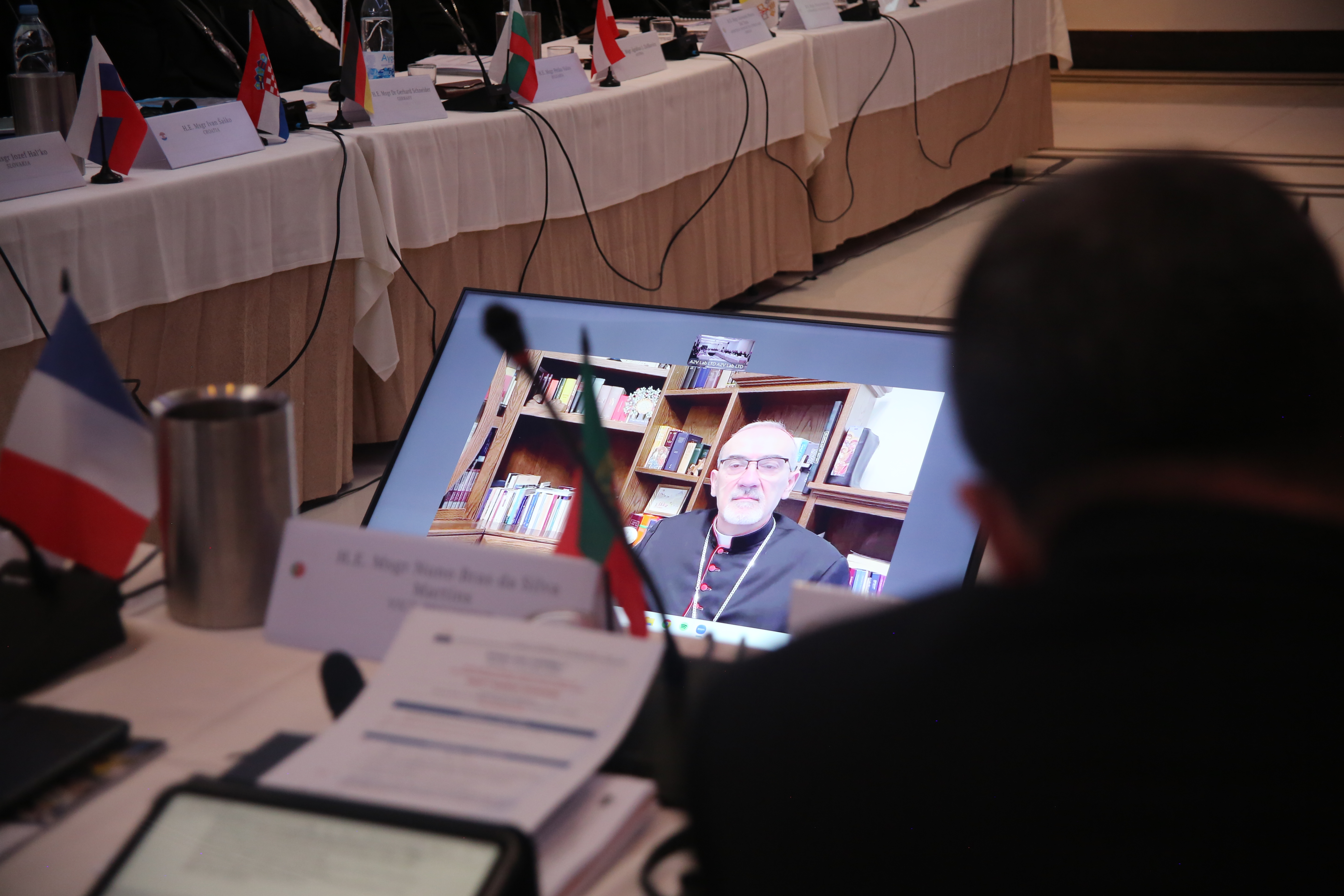 Cardinal Pierbattista Pizzaballa, Latin patriarch of Jerusalem, addresses the spring plenary assembly of the Commission of the Bishops' Conferences of the European Union via video link from Jerusalem on April 22, 2026. | Credit: Ada Lushi/COMECE