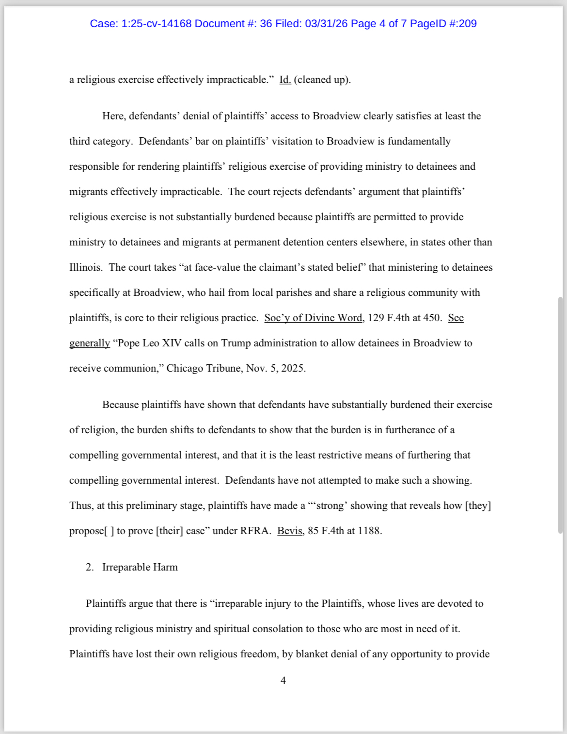 U.S. District Judge Robert Gettleman issues a March 31, 2026, order requiring the Trump administration to allow clergy to enter the Broadview immigration facility during the Triduum to offer religious services for people held at the facility who wish to attend. | Credit: EWTN News/Screenshot