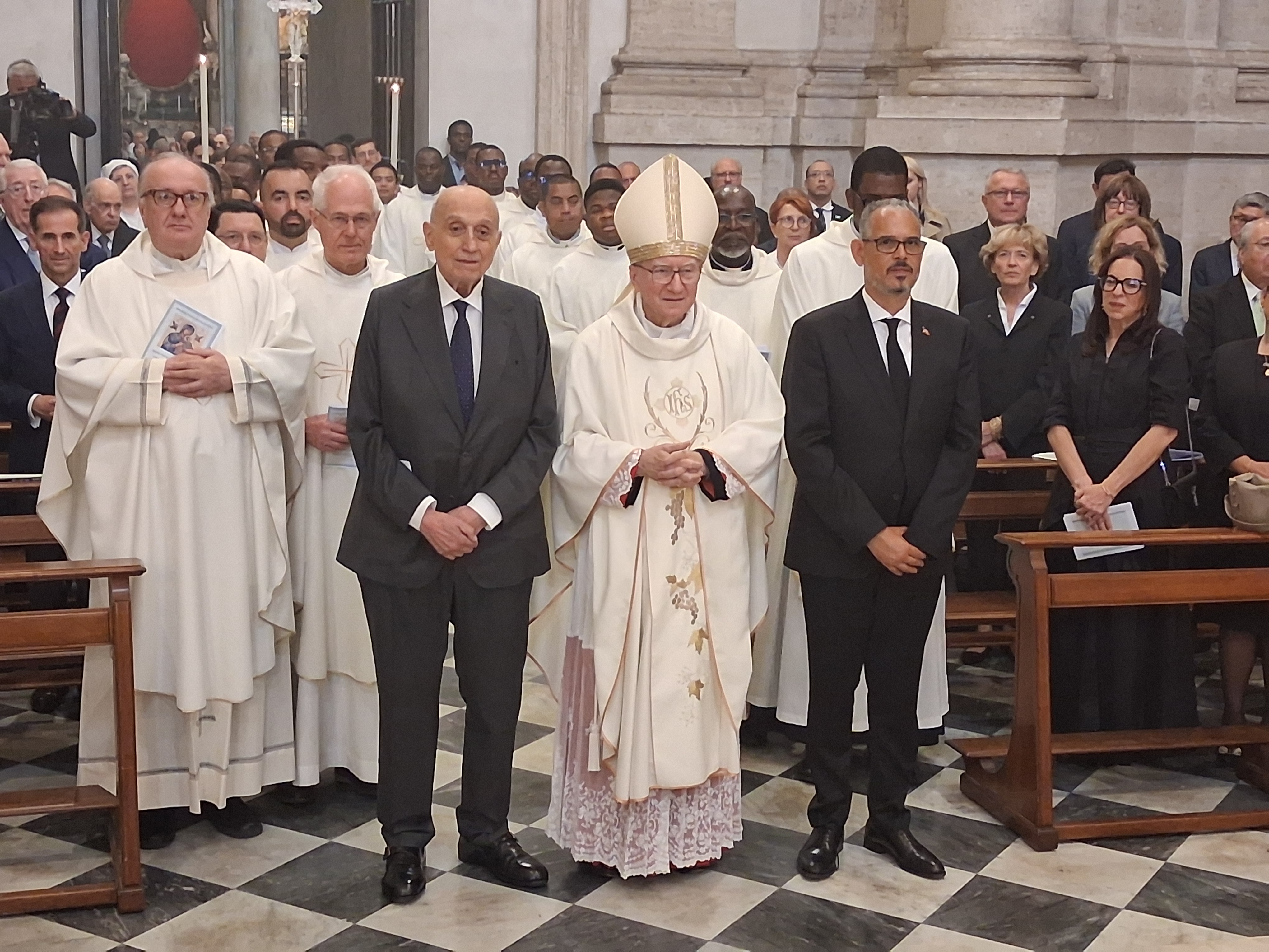 Cardinal Pietro Parolin, Vatican secretary of state (center); Haitian Prime Minister Alix Didier Fils-Aimé (right); and Cypriot Ambassador to the Holy See Georges Poulides, dean of the Diplomatic Corps (left), after the Mass for peace in Haiti at the Basilica of St. Mary Major in Rome on Saturday, May 9, 2026. | Credit: Bohumil Petrík/EWTN News