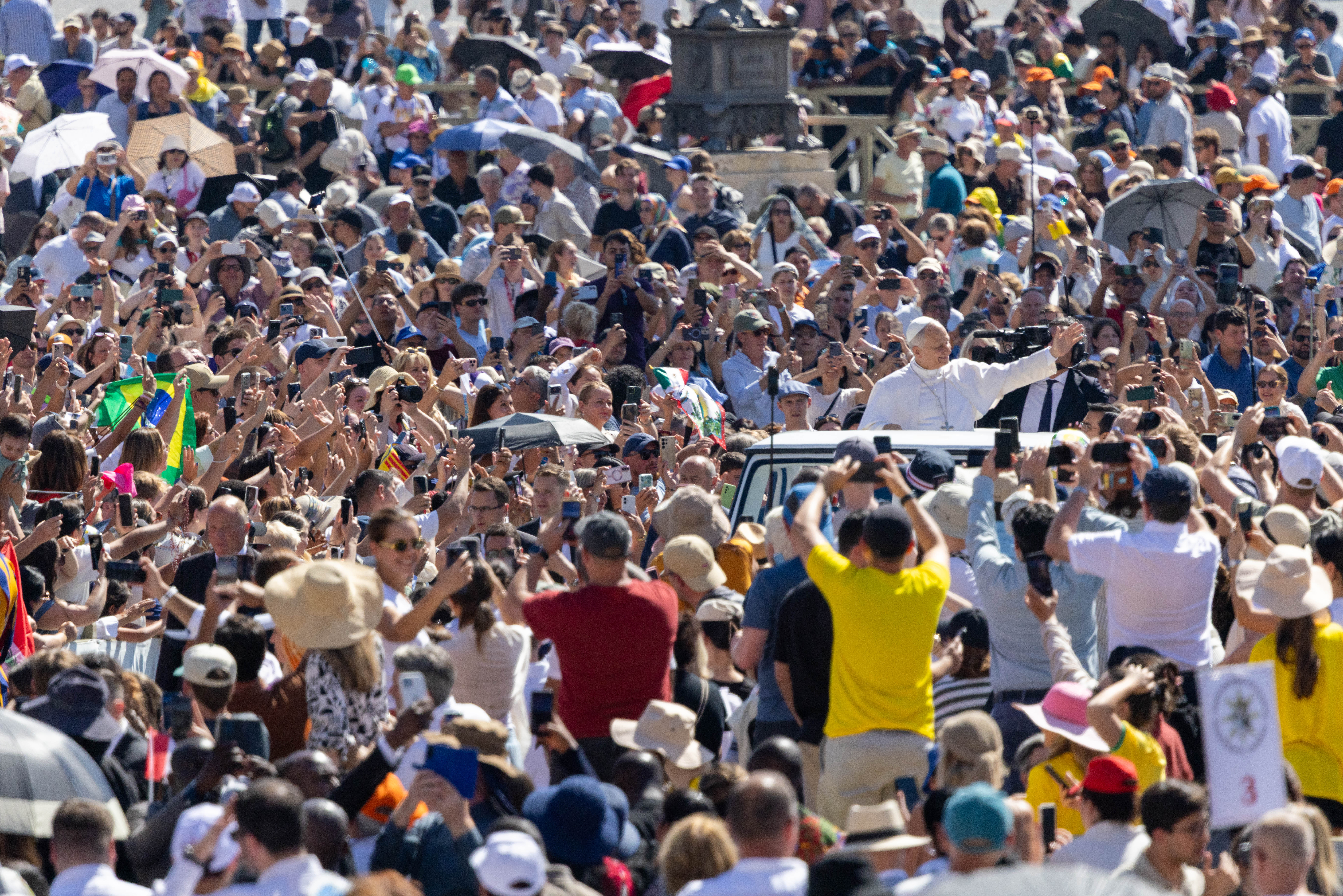 Pope Leo XIV waves to pilgrims in St. Peterʼs Square during the general audience on May 27, 2026. The pope spoke about the Second Vatican Council and the need for priests to follow liturgical norms. | Credit: Daniel Ibáñez/EWTN News