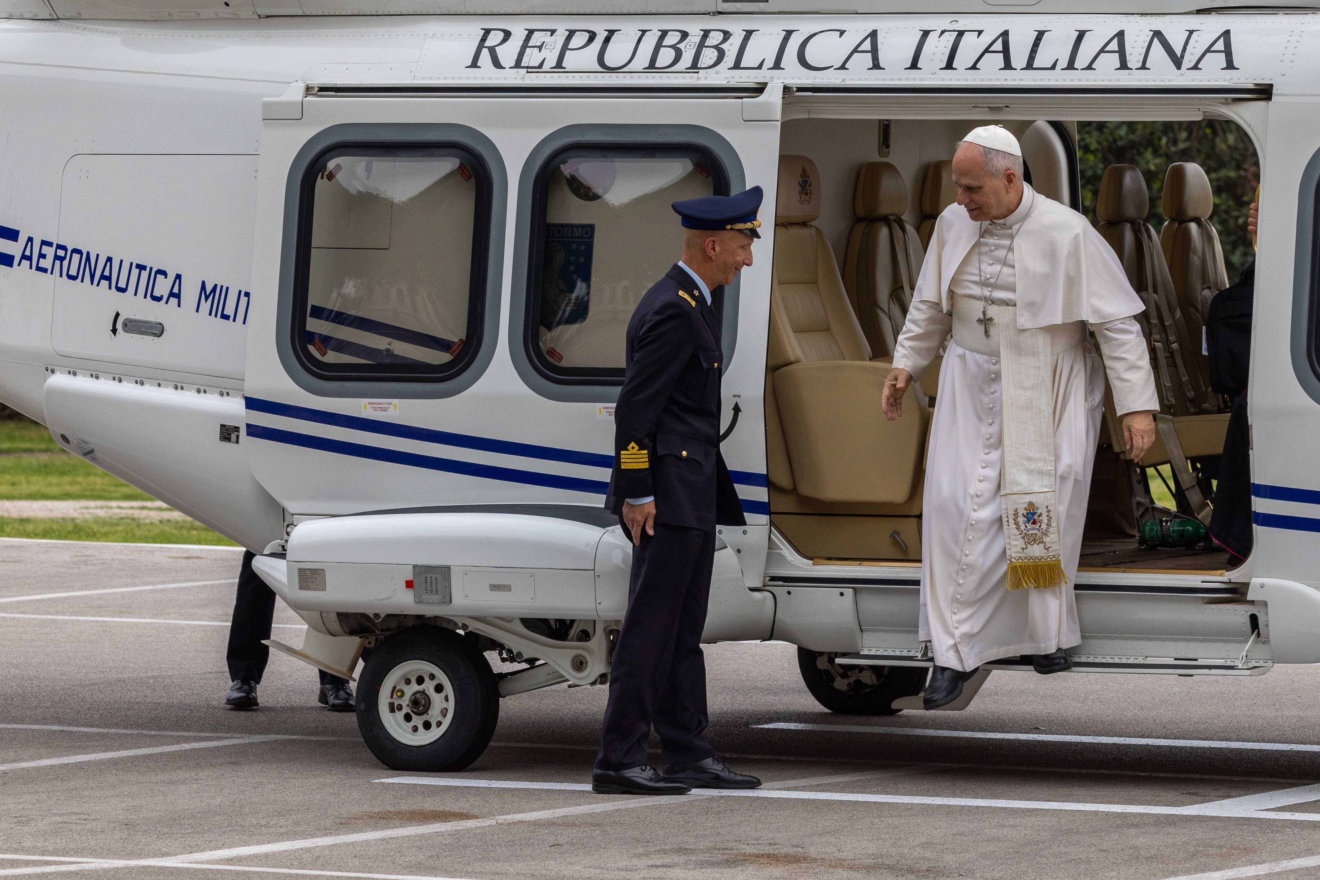 Pope Leo XIV deboards the papal helicopter as he arrives in the Italian city of Pompei on Friday, May 8, 2026. | Credit: Daniel Ibáñez/EWTN News