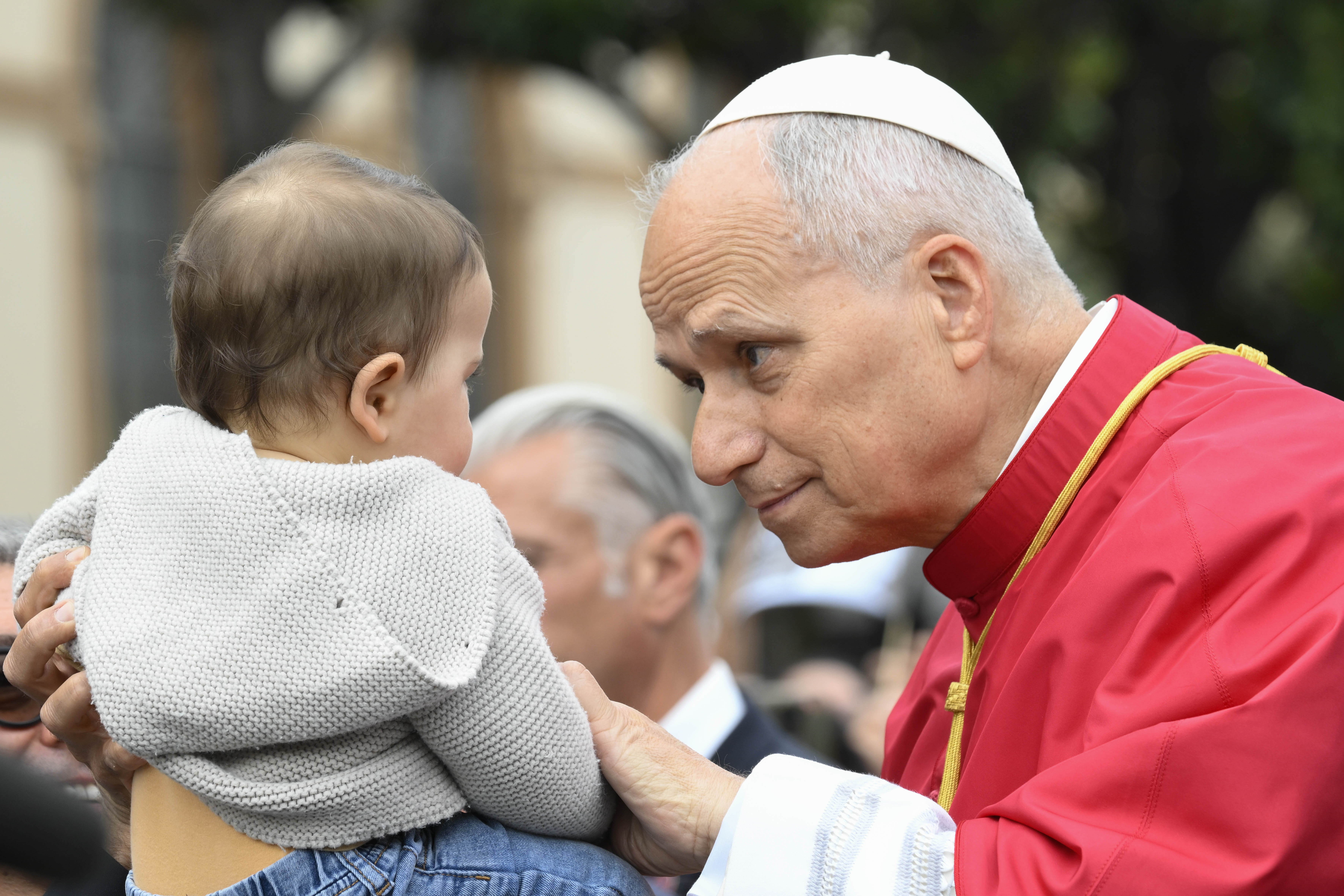 Pope Leo XIV greets a child at the Pontifical Shrine of the Blessed Virgin of the Rosary of Pompei, Italy, on Friday, May 8, 2026. | Credit: Vatican Media