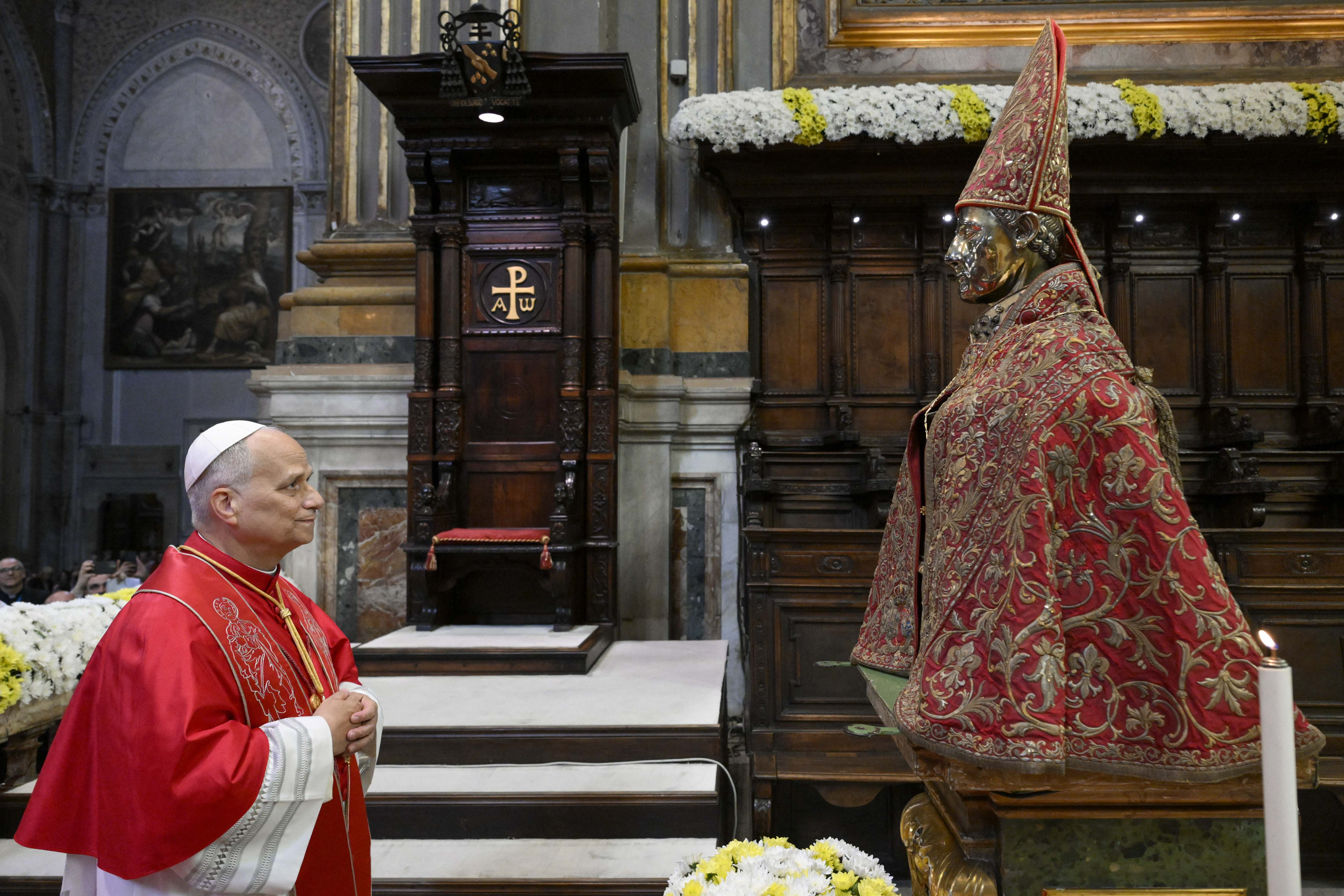 Pope Leo XIV prays at the Cathedral of the Assumption of Mary in Naples, Italy, on Friday, May 8, 2026. | Credit: Vatican Media