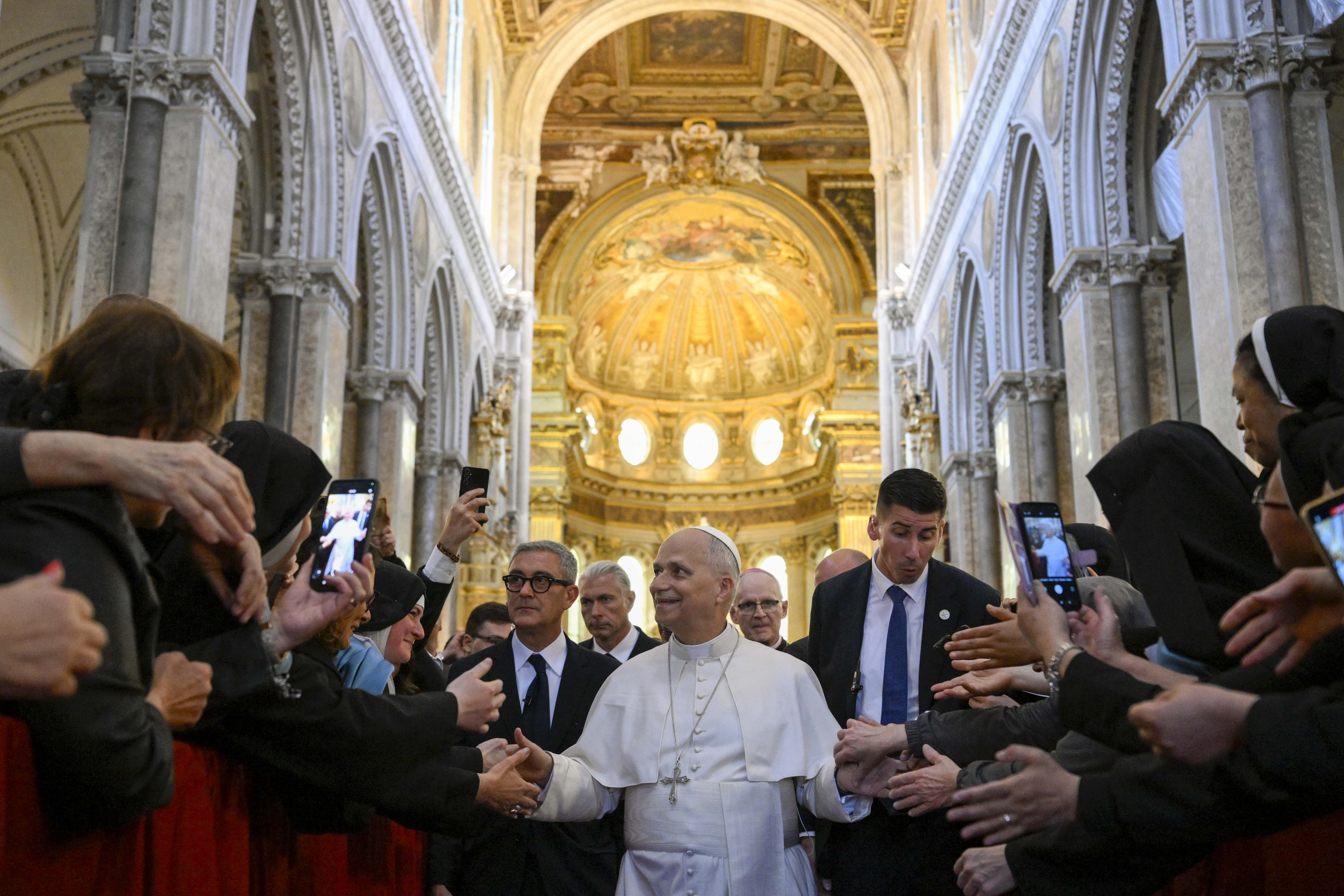 Pope Leo XIV greets crowds at the Cathedral of the Assumption of Mary in Naples, Italy, on Friday, May 8, 2026. | Credit: Vatican Media