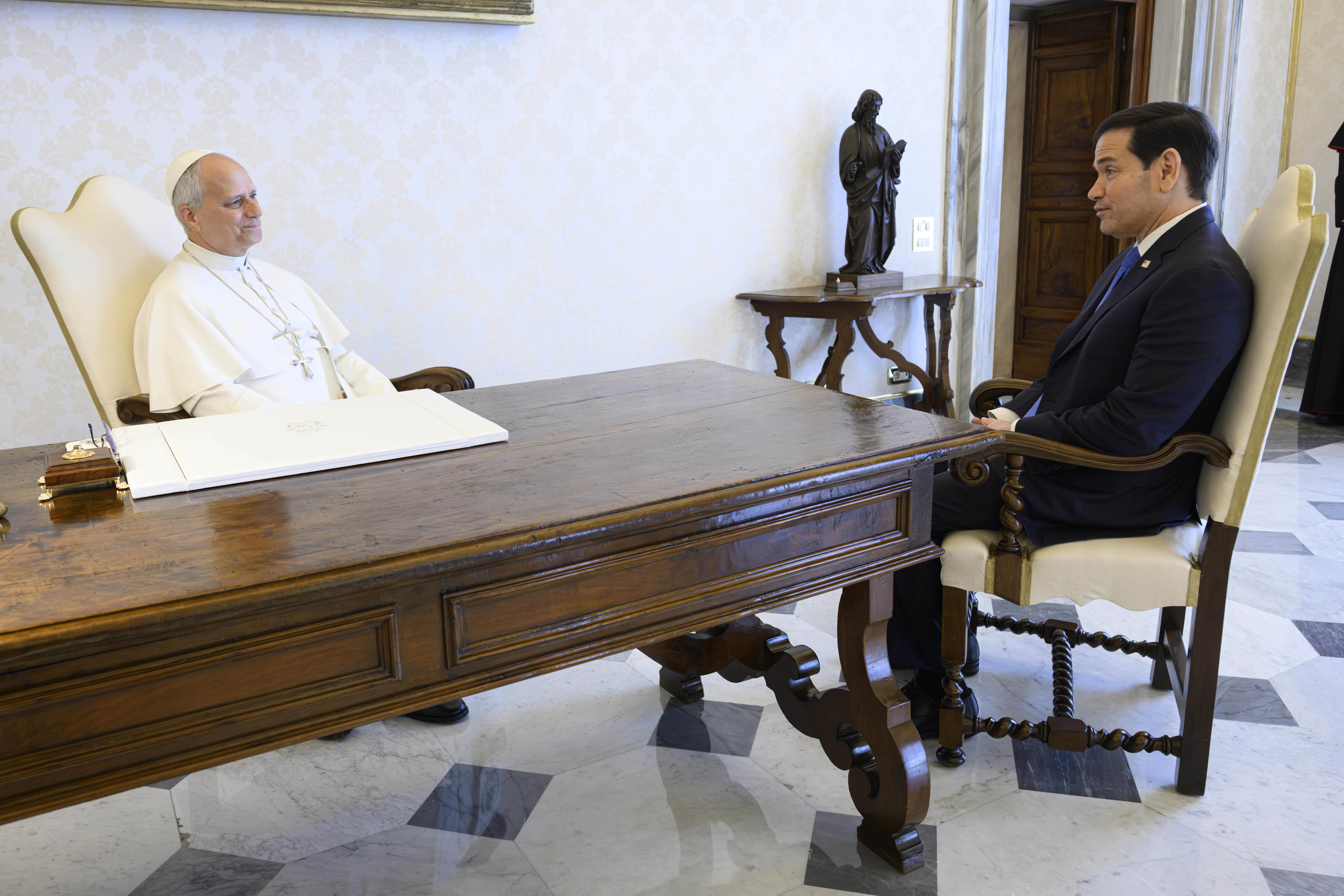 Pope Leo XIV speaks with U.S. Secretary of State Marco Rubio at the Vatican, Thursday, May 7, 2026. | Credit: Vatican Media