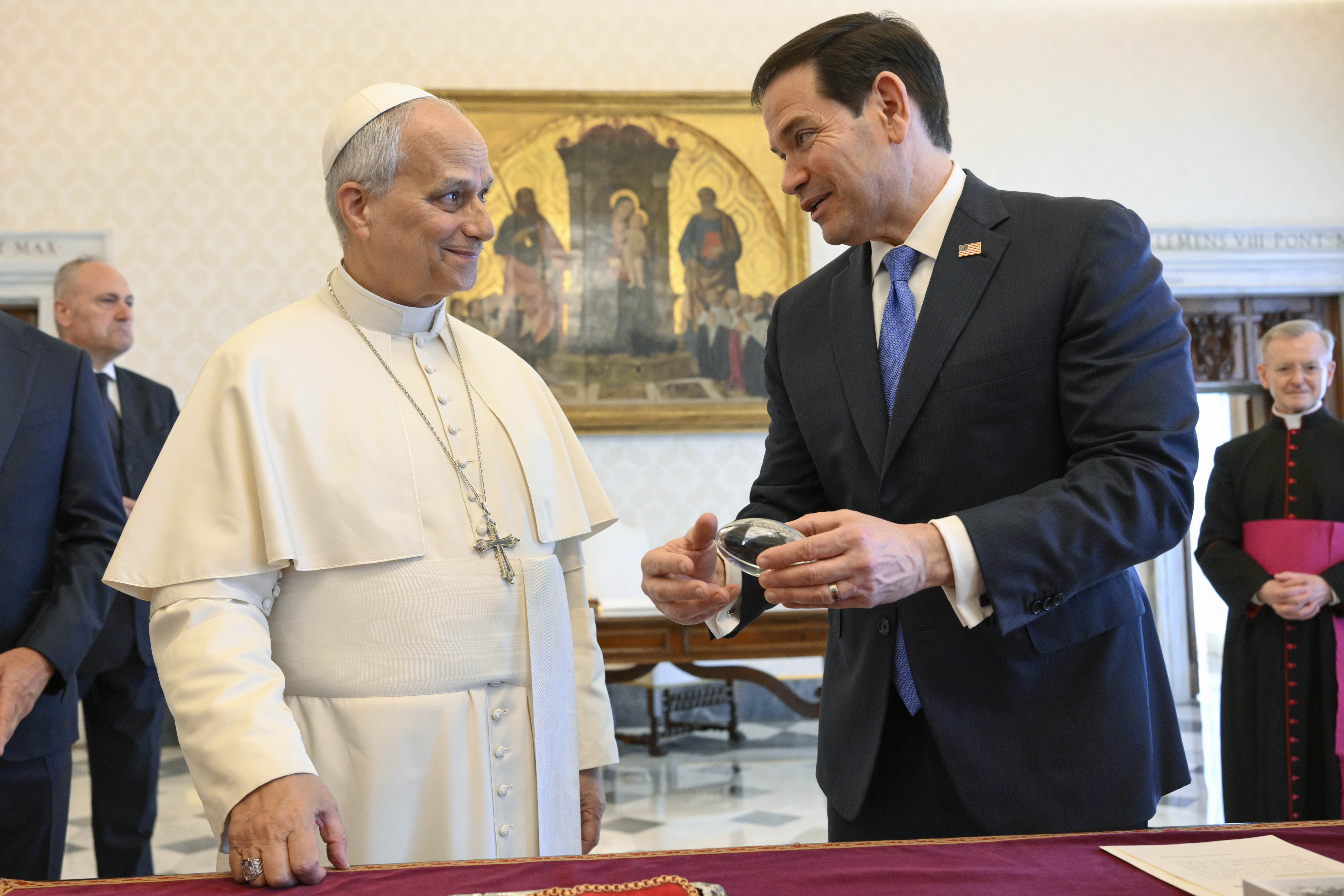 Pope Leo XIV speaks with U.S. Secretary of State Marco Rubio at the Vatican, Thursday, May 7, 2026. | Credit: Vatican Media