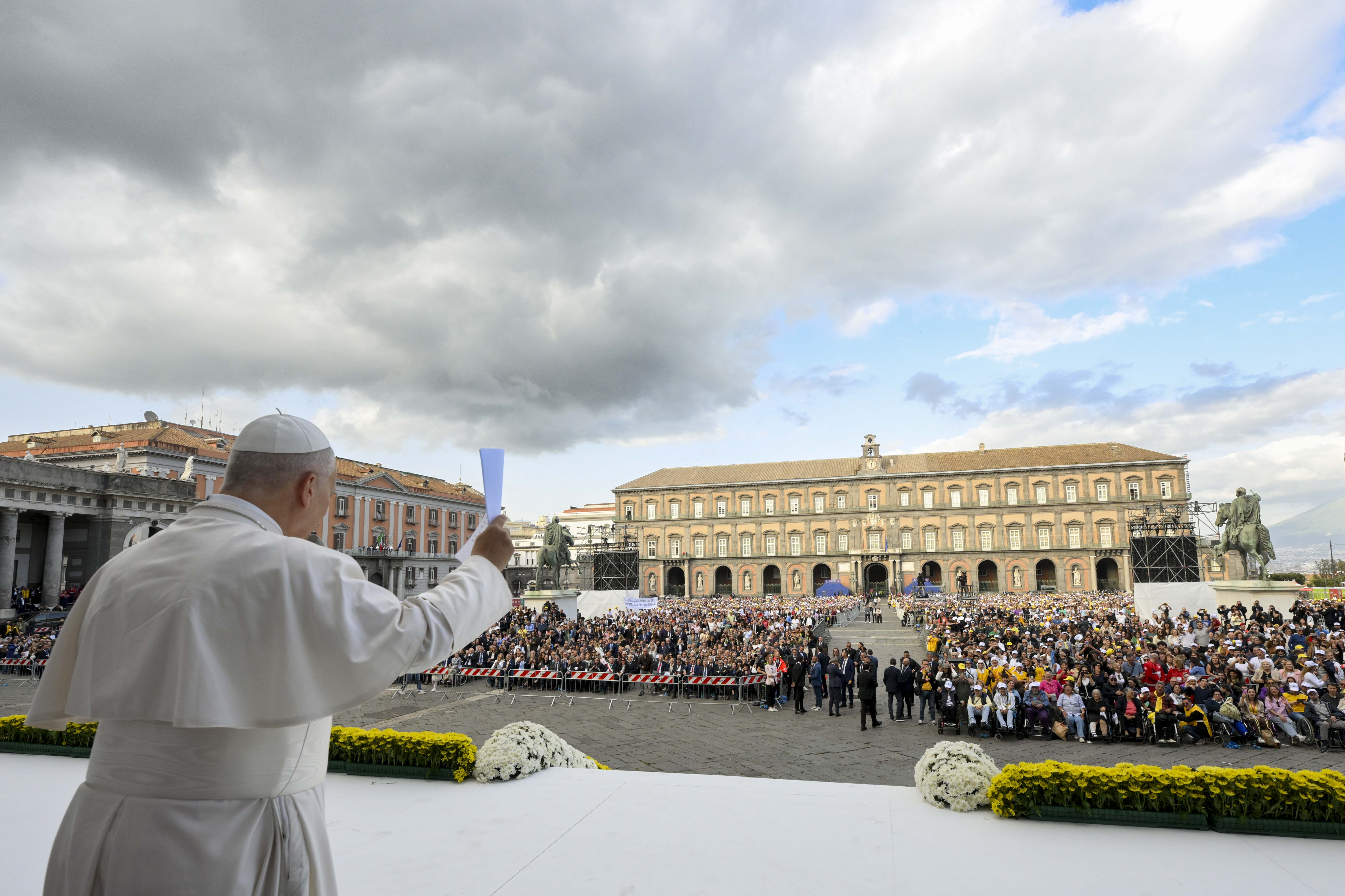 Pope Leo XIV greets crowds in the Piazza del Plebiscito in Naples, Italy, on Friday, May 8, 2026. | Credit: Vatican Media