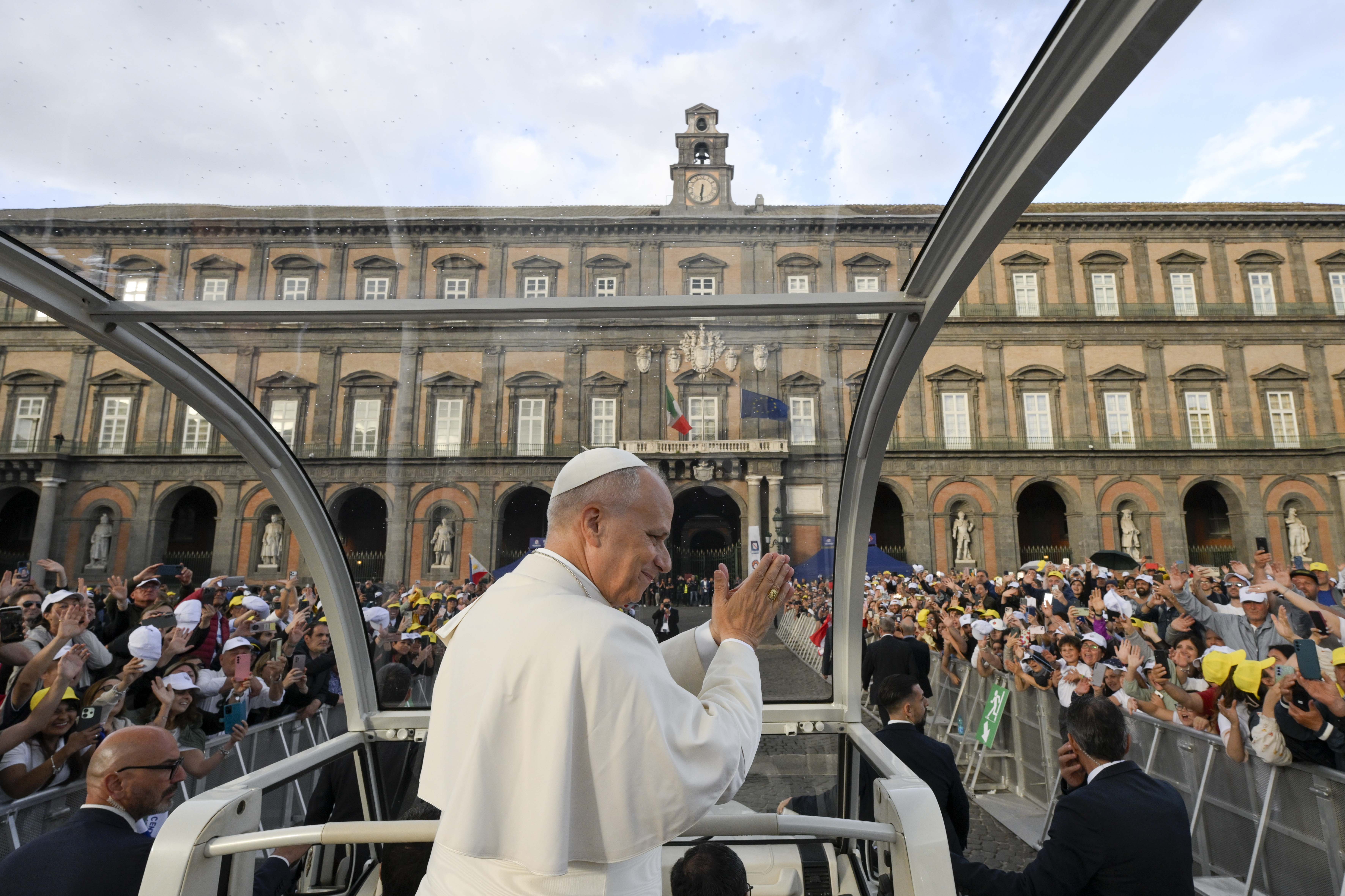 Pope Leo XIV waves to crowds in the Piazza del Plebiscito in Naples, Italy, on Friday, May 8, 2026. | Credit: Vatican Media