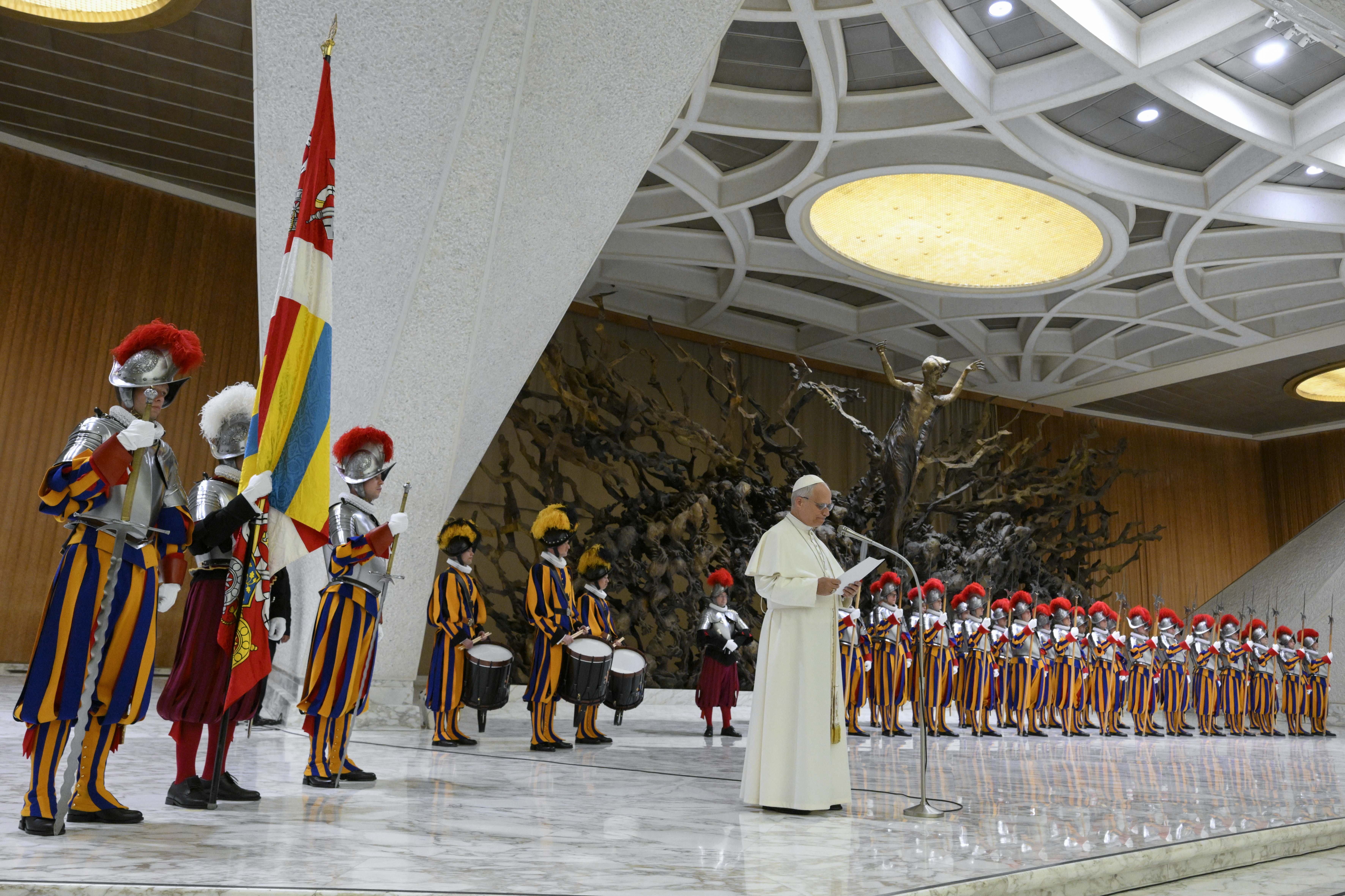 Pope Leo XIV welcomes the Swiss Guard in a ceremony for recruits on May 6, 2026. | Credit: Vatican Media