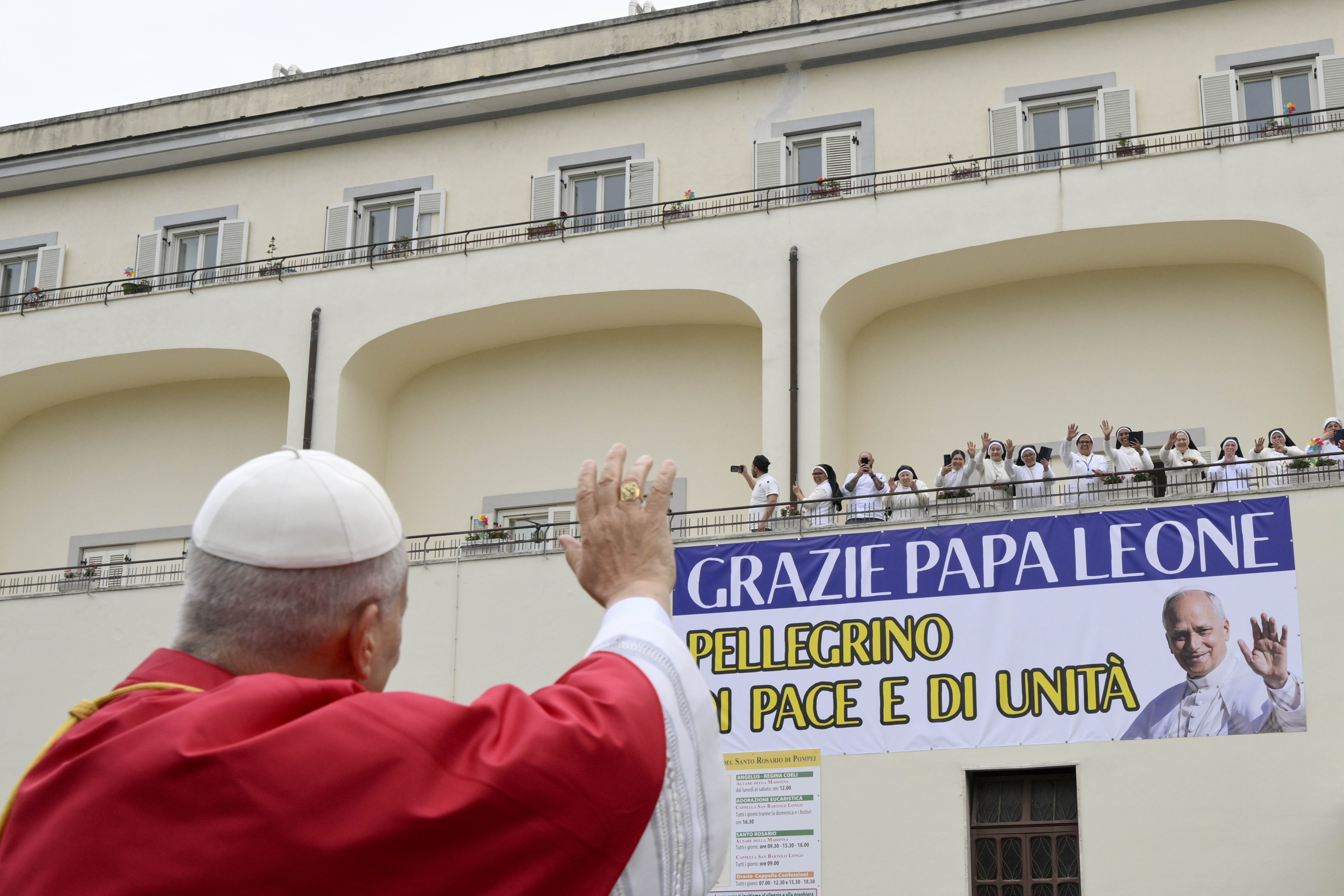 Pope Leo XIV greets crowds in Pompei, Italy, on Friday, May 8, 2026. | Credit: Vatican Media