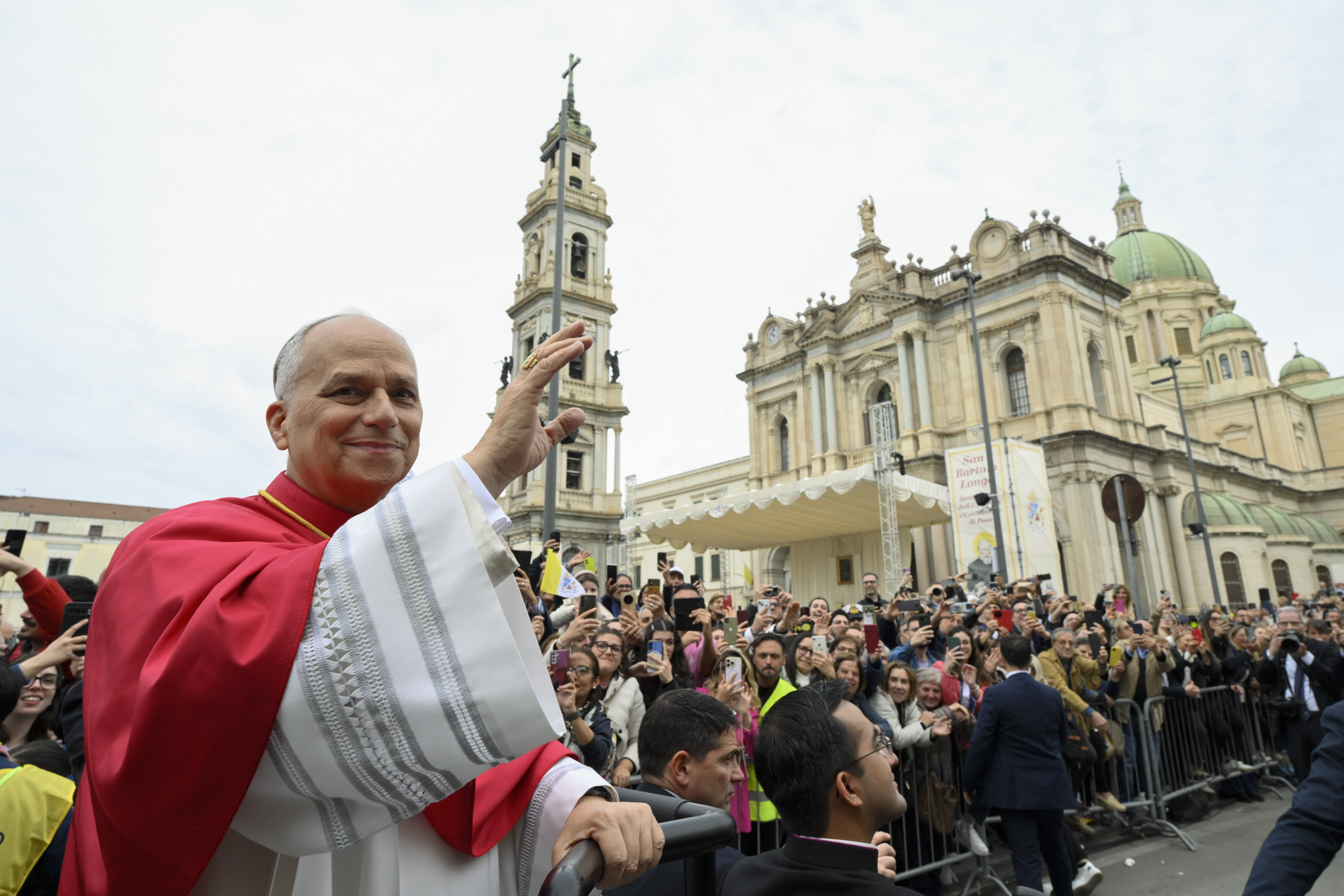 Pope Leo XIV greets crowds at the Pontifical Shrine of the Blessed Virgin of the Rosary of Pompei, Italy, on Friday, May 8, 2026. | Credit: Vatican Media