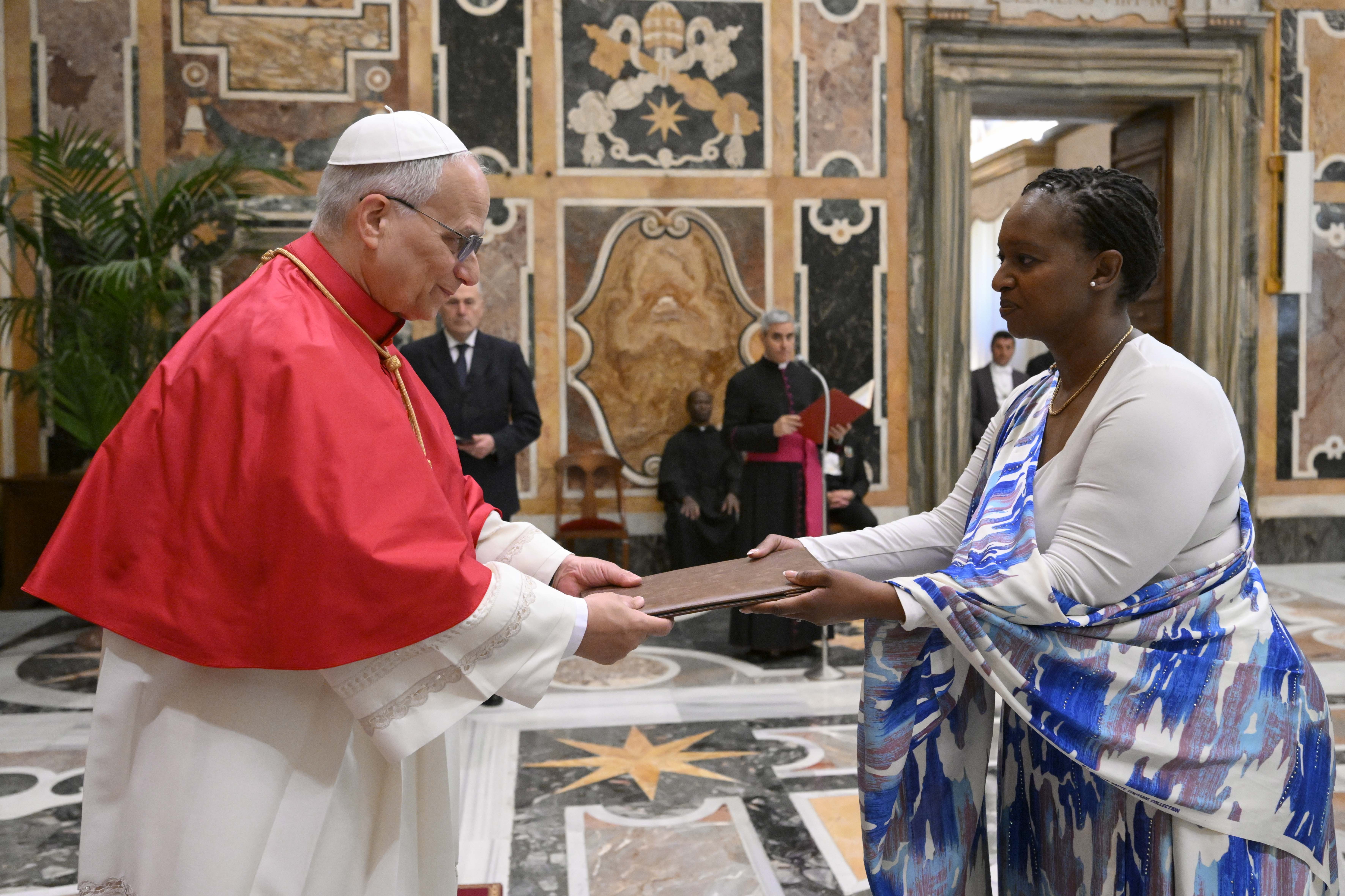 Diplomat Urujeni Bakuramutsa presents her credentials to Pope Leo XIV to begin her term as ambassador of Rwanda to the Holy See during an audience in the Apostolic Palace on May 21, 2026. | Credit: Vatican Media