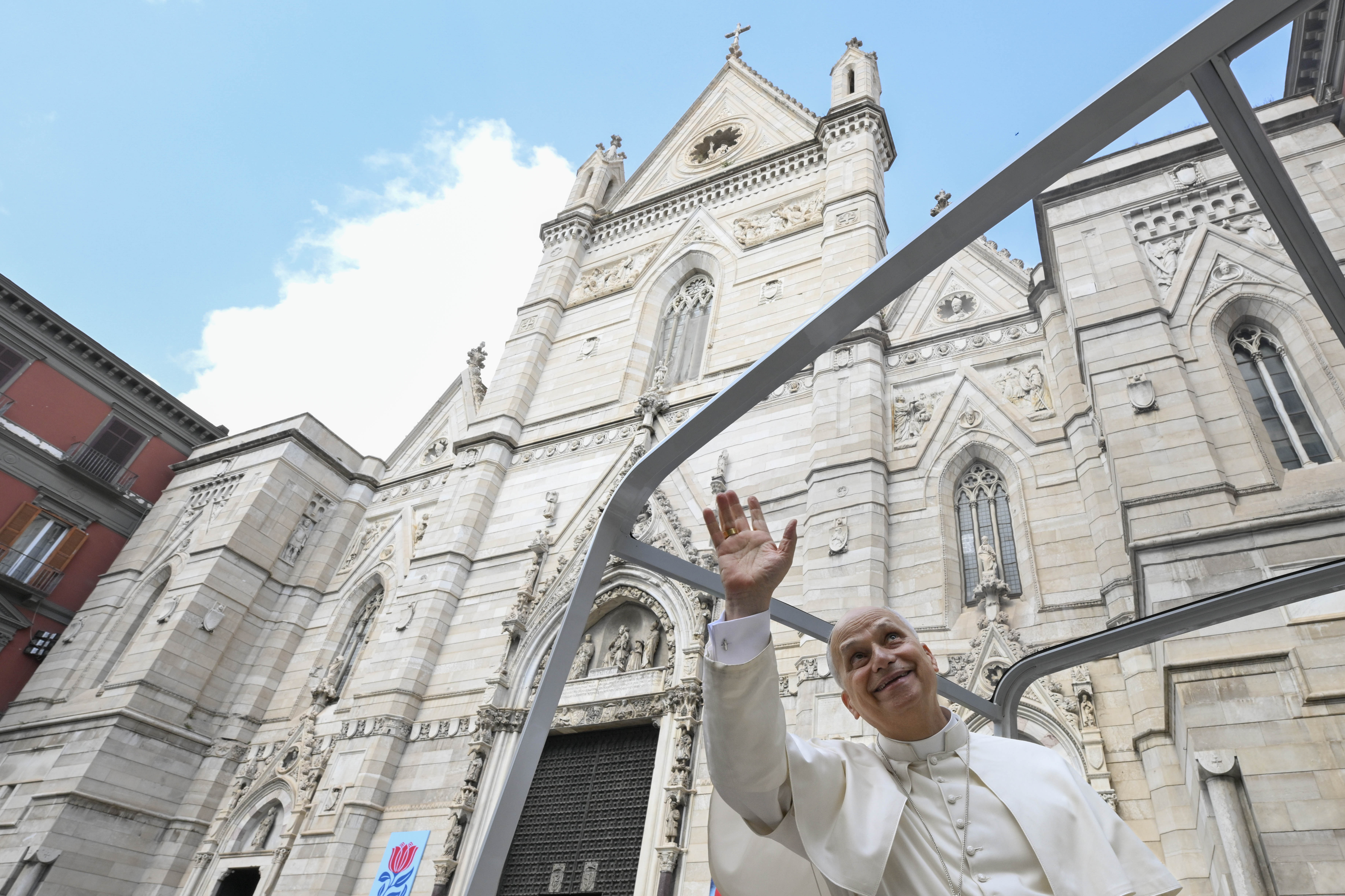 Pope Leo XIV waves to crowds in Naples, Italy, on Friday, May 8, 2026. | Credit: Vatican Media