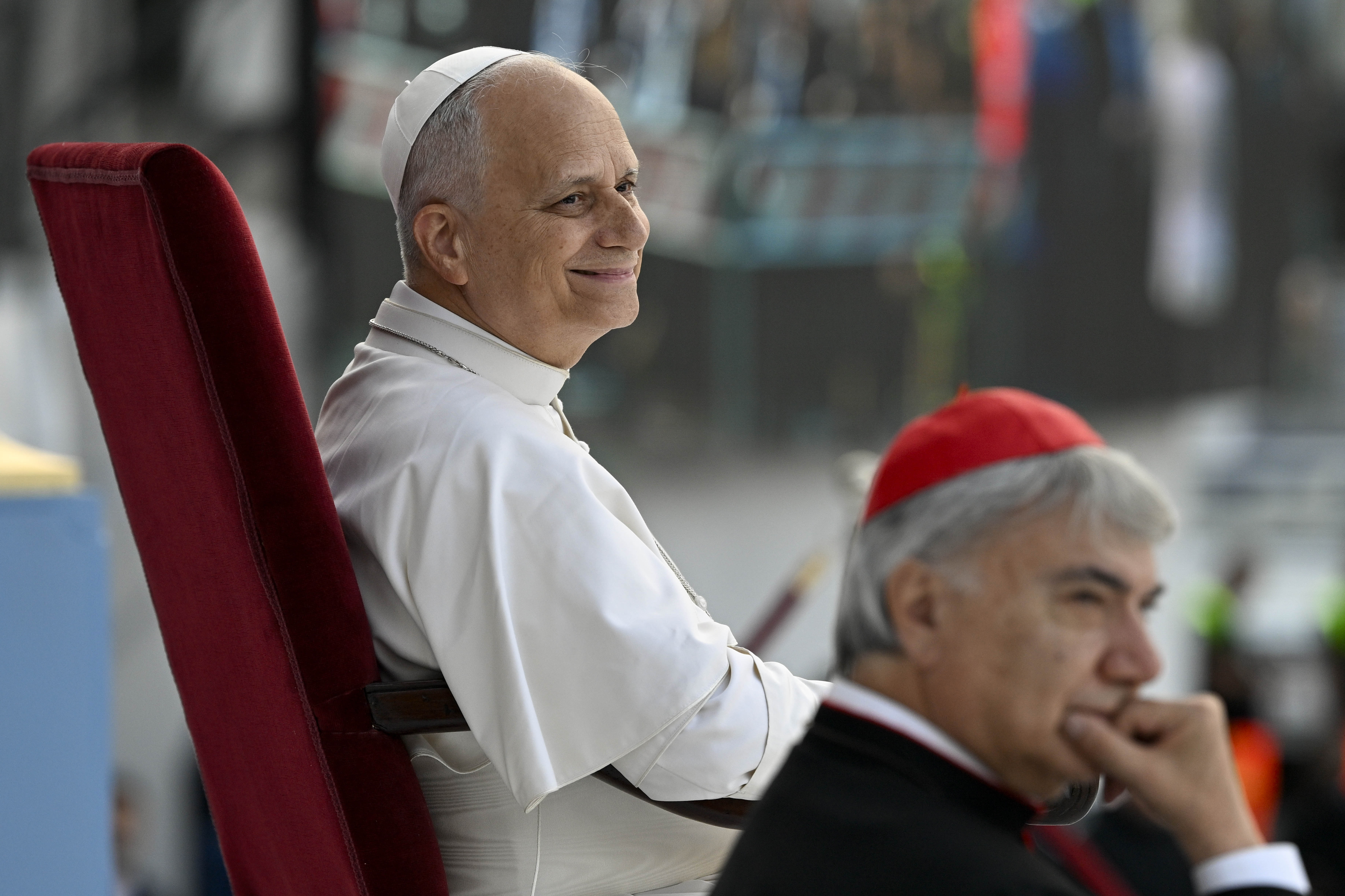 Pope Leo XIV smiles while visiting the Piazza del Plebiscito in Naples, Italy, on Friday, May 8, 2026. | Credit: Vatican Media