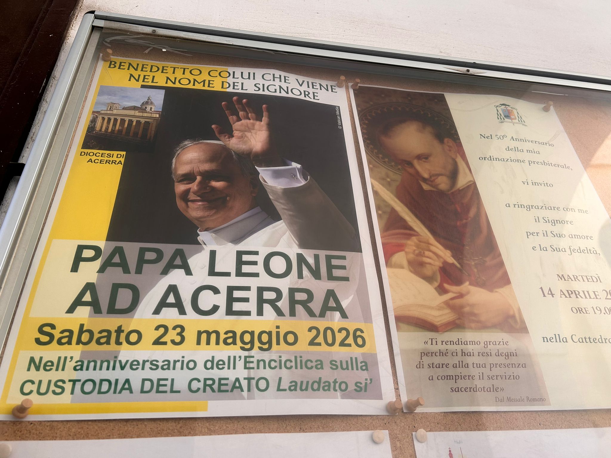 A poster in Acerra, Italy, announces Pope Leo XIV’s visit to the city on May 23, 2026. Acerra is part of the so-called “Triangle of Death,” an area is southern Italy gravely impacted by the Mafia’s dumping of toxic waste. | Credit: Veronica Giacometti/EWTN News