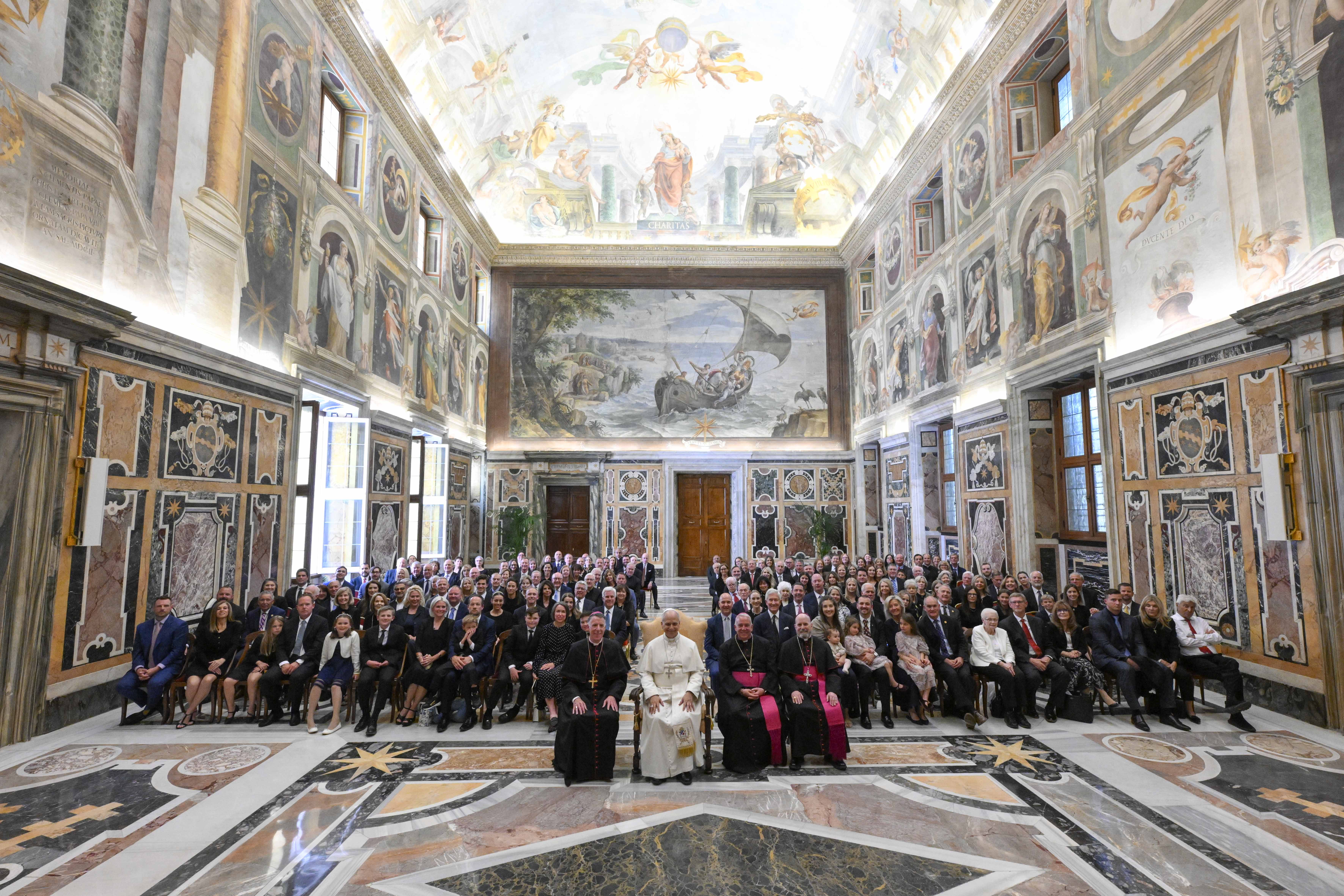 Pope Leo XIV poses with members of the Papal Foundation in the Sala Clementina at the Vatican Apostolic Palace, Saturday, May 2, 2026. | Credit: Vatican Media