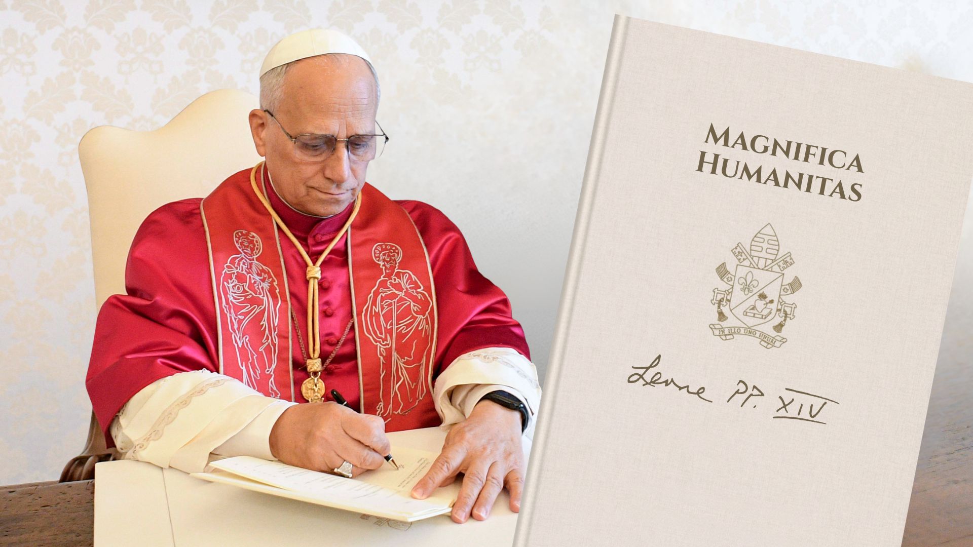 Pope Leo XIV signs his first encyclical, “Magnifica Humanitas: On Safeguarding the Human Person in the Time of Artificial Intelligence,” on May 15, 2026, the 135th anniversary of the encyclical “Rerum Novarum” by Pope Leo XIII. “Magnifica Humanitas” was released on May 25, 2026. | Credit: Vatican Media. Image composition: EWTN News