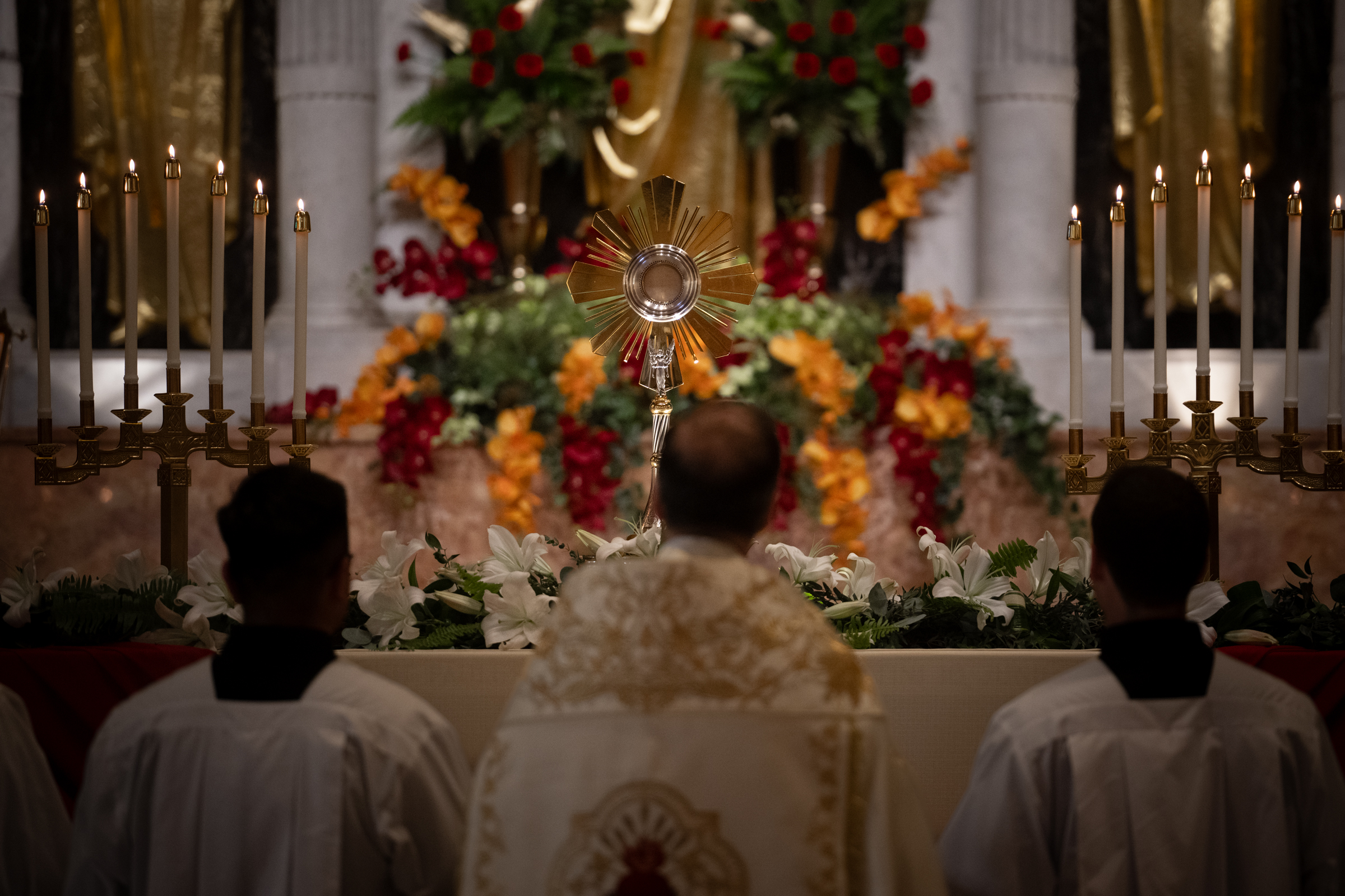 Bishop Erik Pohlmeier prays before the Blessed Sacrament during opening day events for the National Eucharistic Pilgrimage on Pentecost Sunday, May 24, 2026, at the Cathedral Basilica of St. Augustine in St. Augustine, Florida. | Credit: Jeffrey Bruno