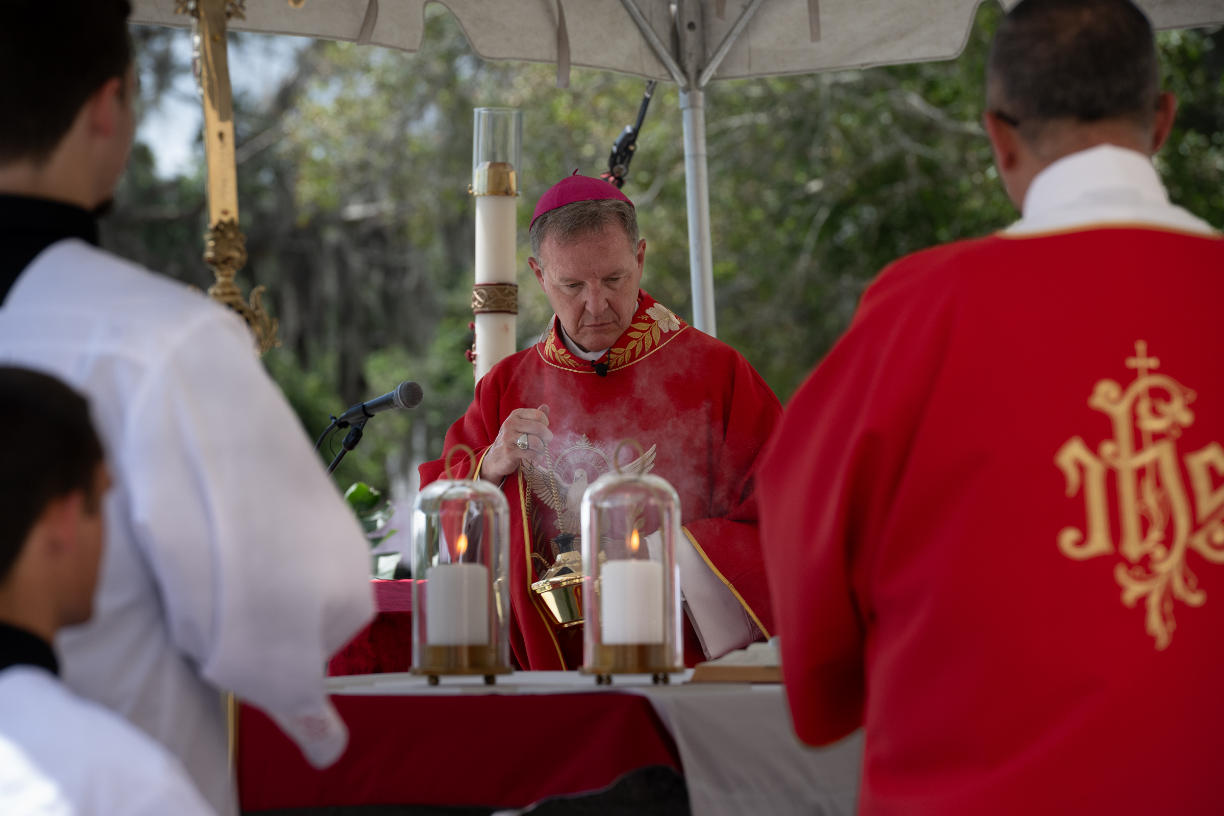 Bishop Erik Pohlmeier incenses the altar during Mass on the opening day of the National Eucharistic Pilgrimage on Pentecost Sunday, May 24, 2026, in St. Augustine, Florida. | Credit: Jeffrey Bruno