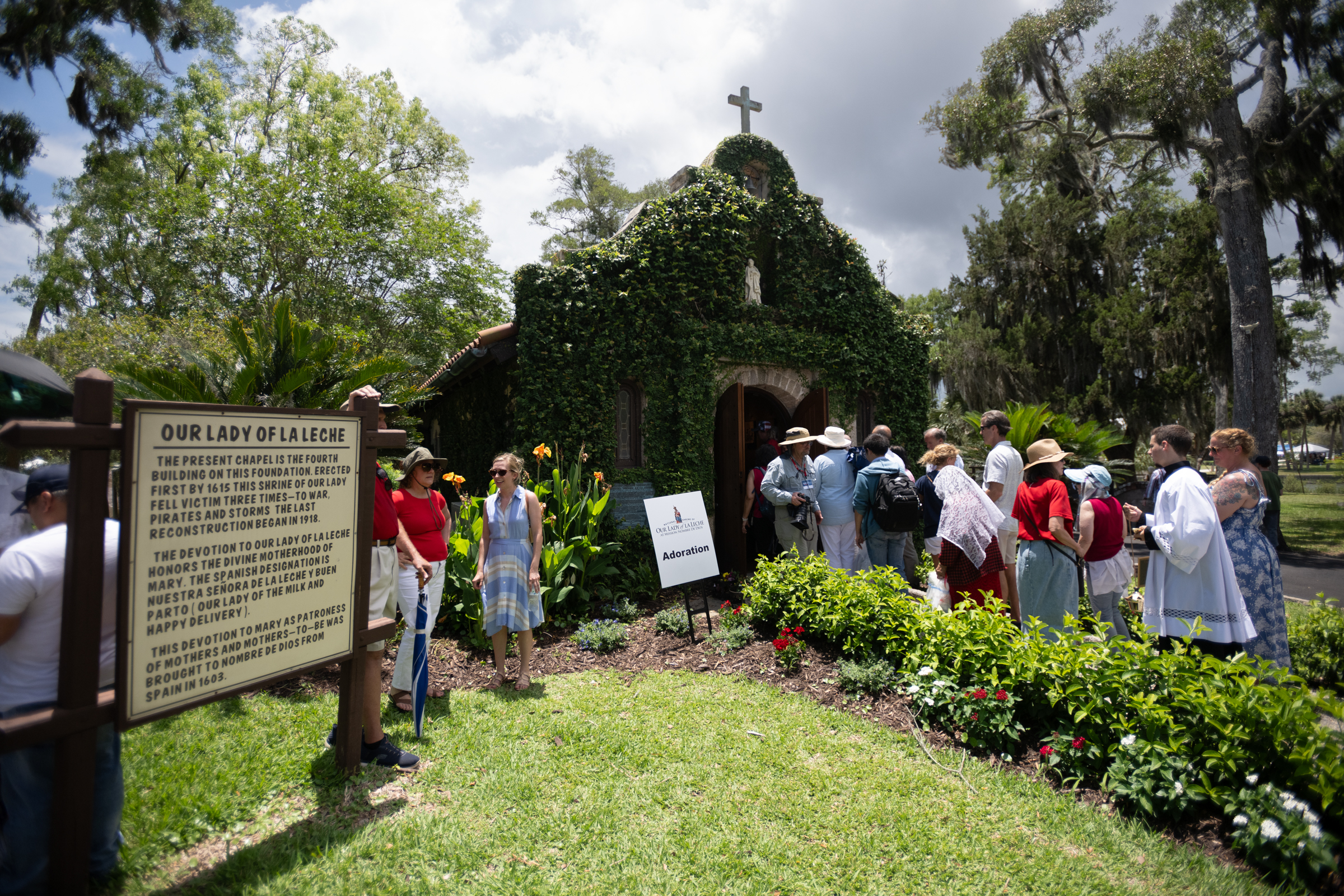 Faithful gather at the Our Lady of La Leche chapel during opening day events for the National Eucharistic Pilgrimage on Pentecost Sunday, May 24, 2026, in St. Augustine, Florida. | Credit: Jeffrey Bruno
