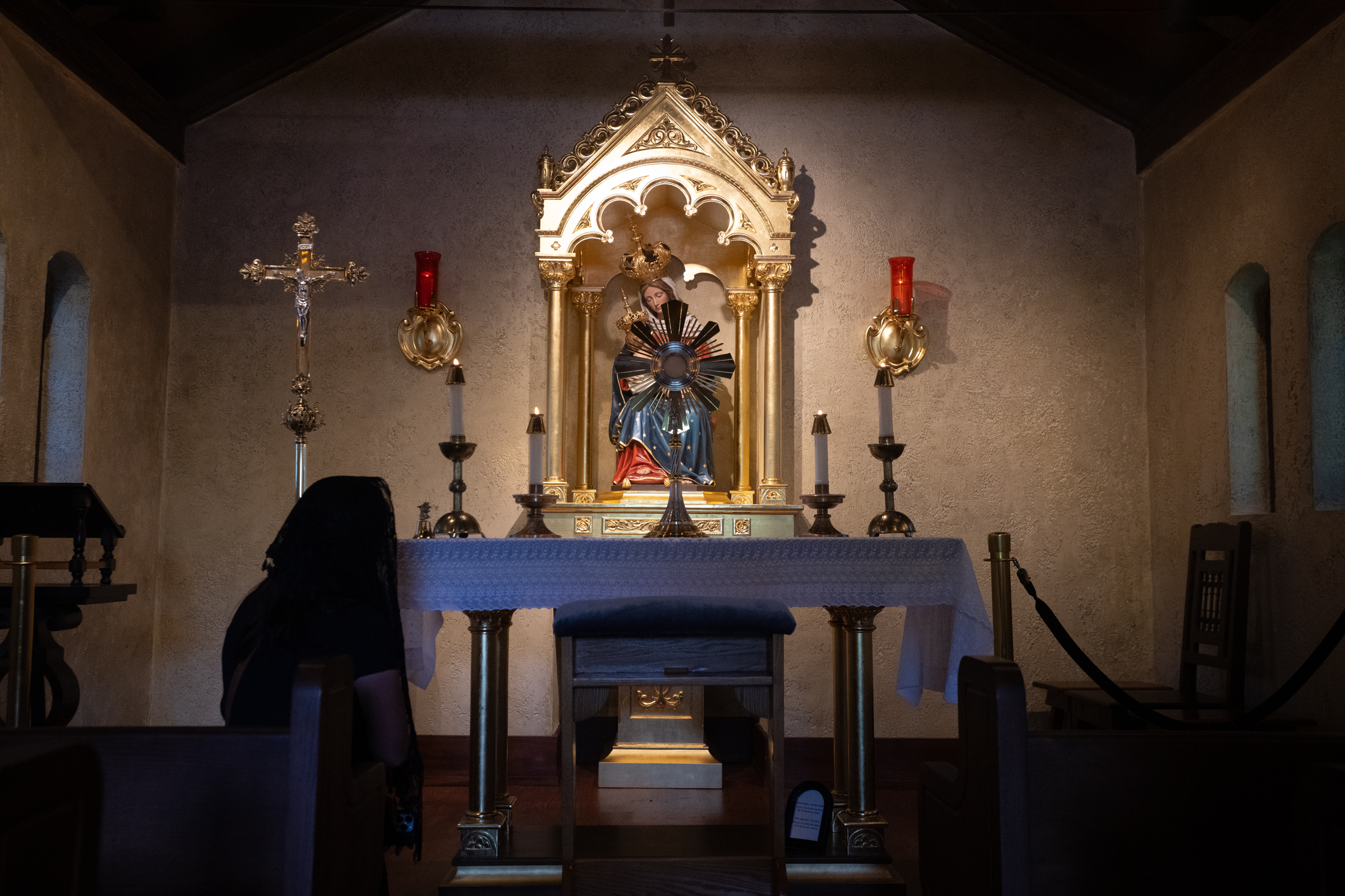 The monstrance rests on the altar of the chapel at the Shrine of Our Lady of La Leche during opening events for the National Eucharistic Pilgrimage on Pentecost Sunday, May 24, 2026, in St. Augustine, Florida. | Credit: Jeffrey Bruno
