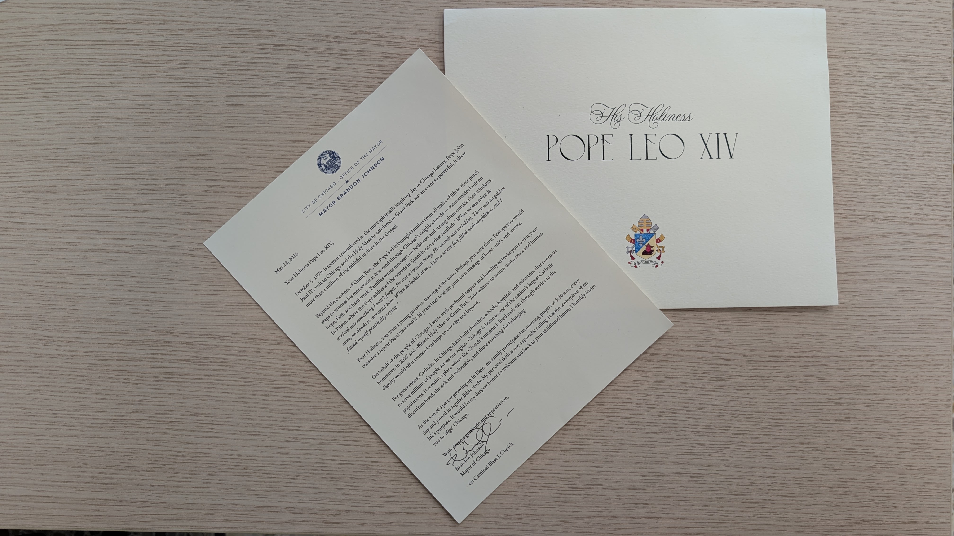 Official invitation by the mayor of Chicago, Brandon Johnson, to Pope Leo XIV, at the American University of Rome on May 28, 2026. | Credit: Ishmael Adibuah/EWTN News