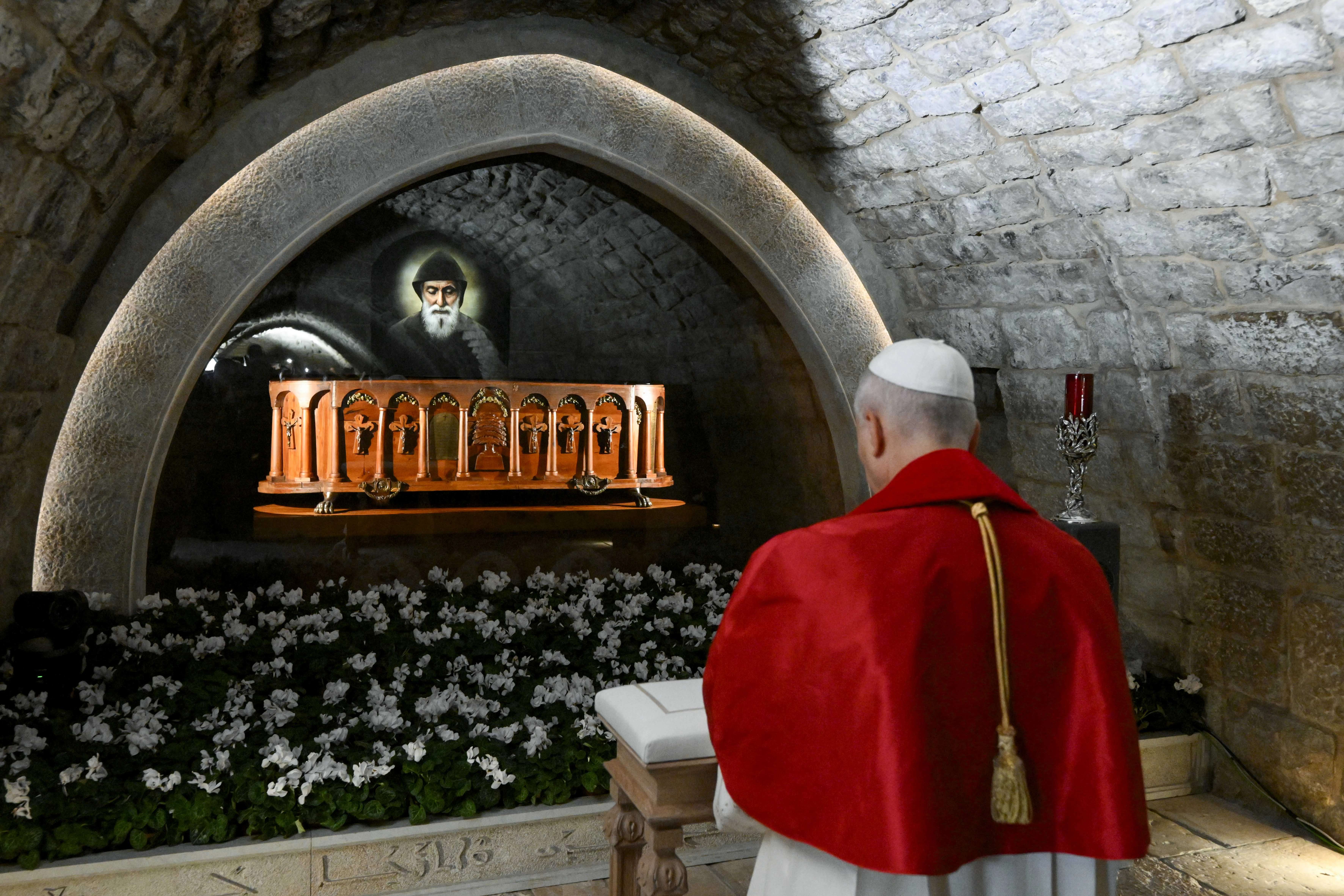 Pope Leo XIV reflects on the enduring message of St. Charbel Makhlouf at the hermit’s tomb at the Monastery of St. Maron, in Annaya, Lebanon, on Dec. 1, 2025. | Credit: Vatican Media