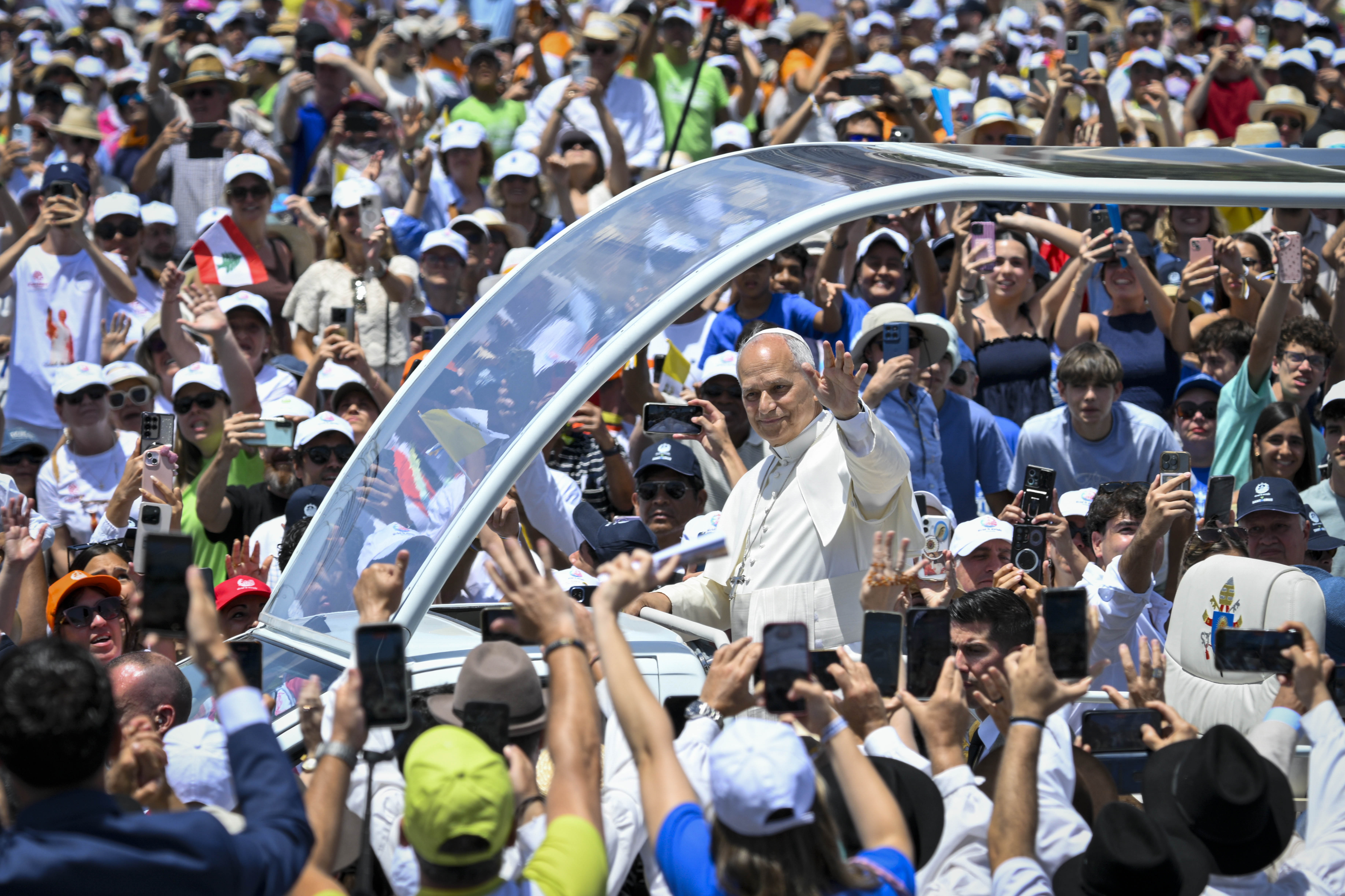 Pope Leo XIV waves to crowds before Mass at the Port of Santa Cruz in Tenerife, June 12, 2026. | Credit: Vatican Media