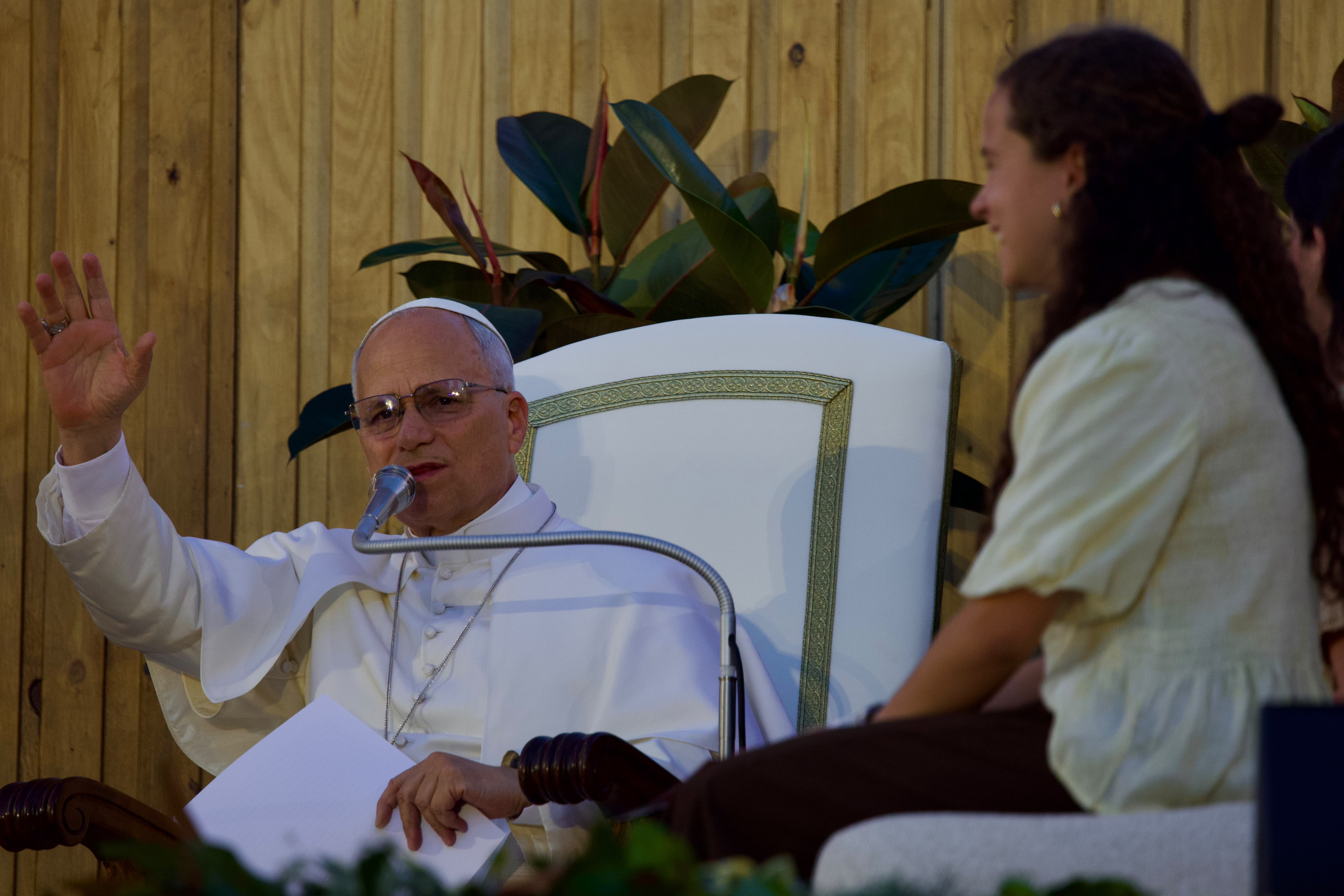 Pope Leo XIV greets young people at Madridʼs Plaza de Lima, June 6, 2026. The Holy Father began his six-day apostolic visit to Spain meeting with the countryʼs royalty and civil leaders along with hundreds of thousands of youth. | Credit: Daniel Ibáñez/EWTN News