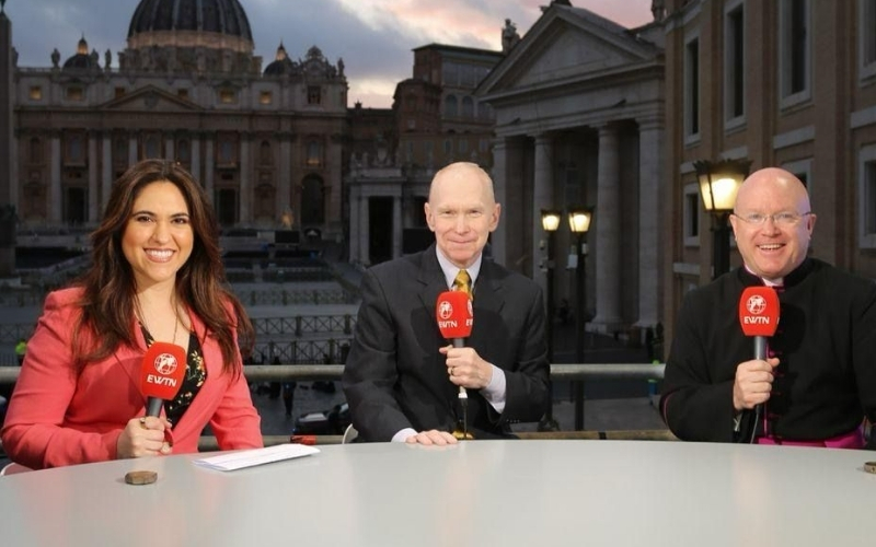 Montserrat Alvarado with Matthew Bunson (center) and Msgr. Roger Landry, at the Vatican on April 24, 2025. | Credit: EWTN News