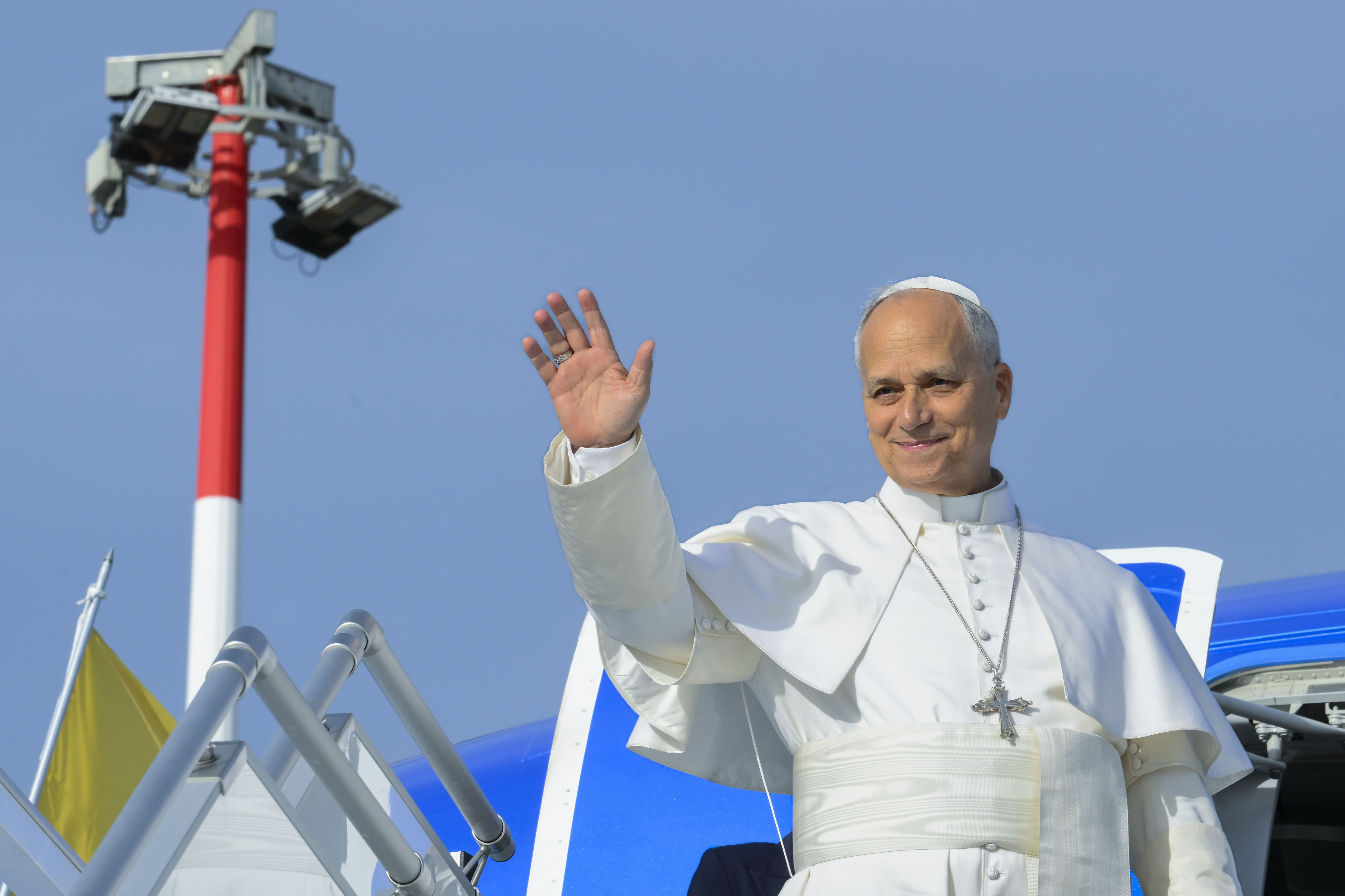 Pope Leo XIV waves as he prepares to board an ITA Airways flight to Spain on June 6, 2026. | Credit: Vatican Media