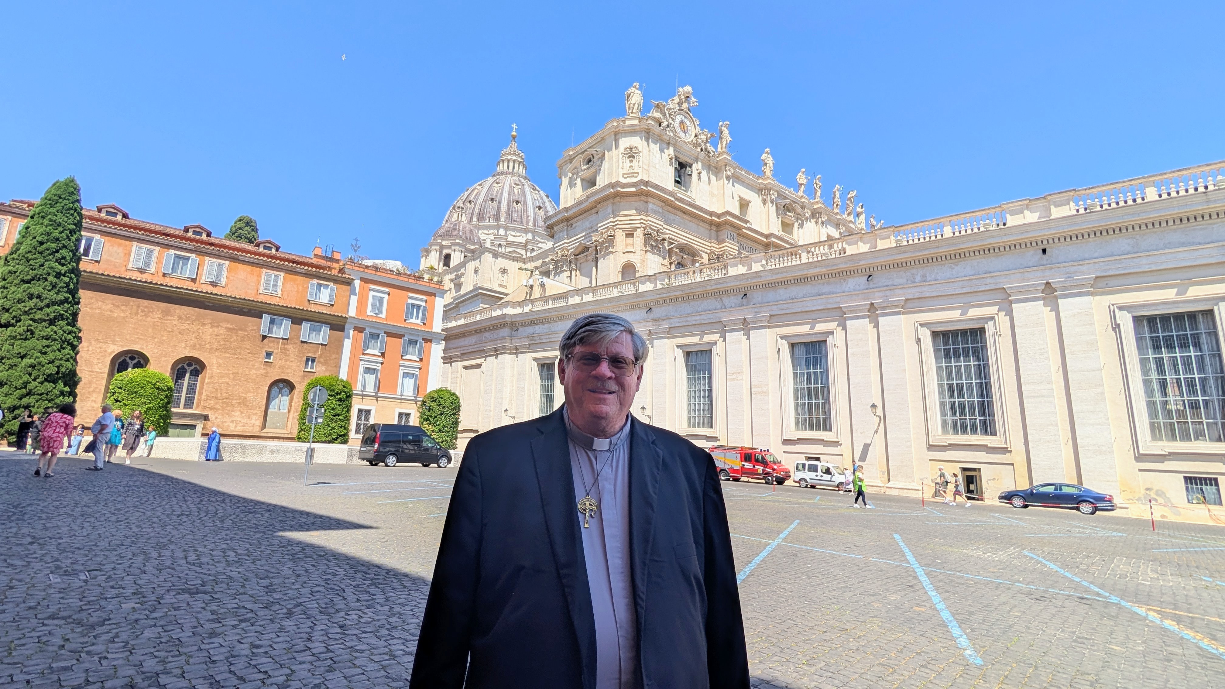Deacon Darrell Wentworth, president and CEO of Evangelize America Inc. stands outside St. Peter’s Basilica at the Vatican on May 30, 2026. | Credit: Ishmael Adibuah/EWTN News