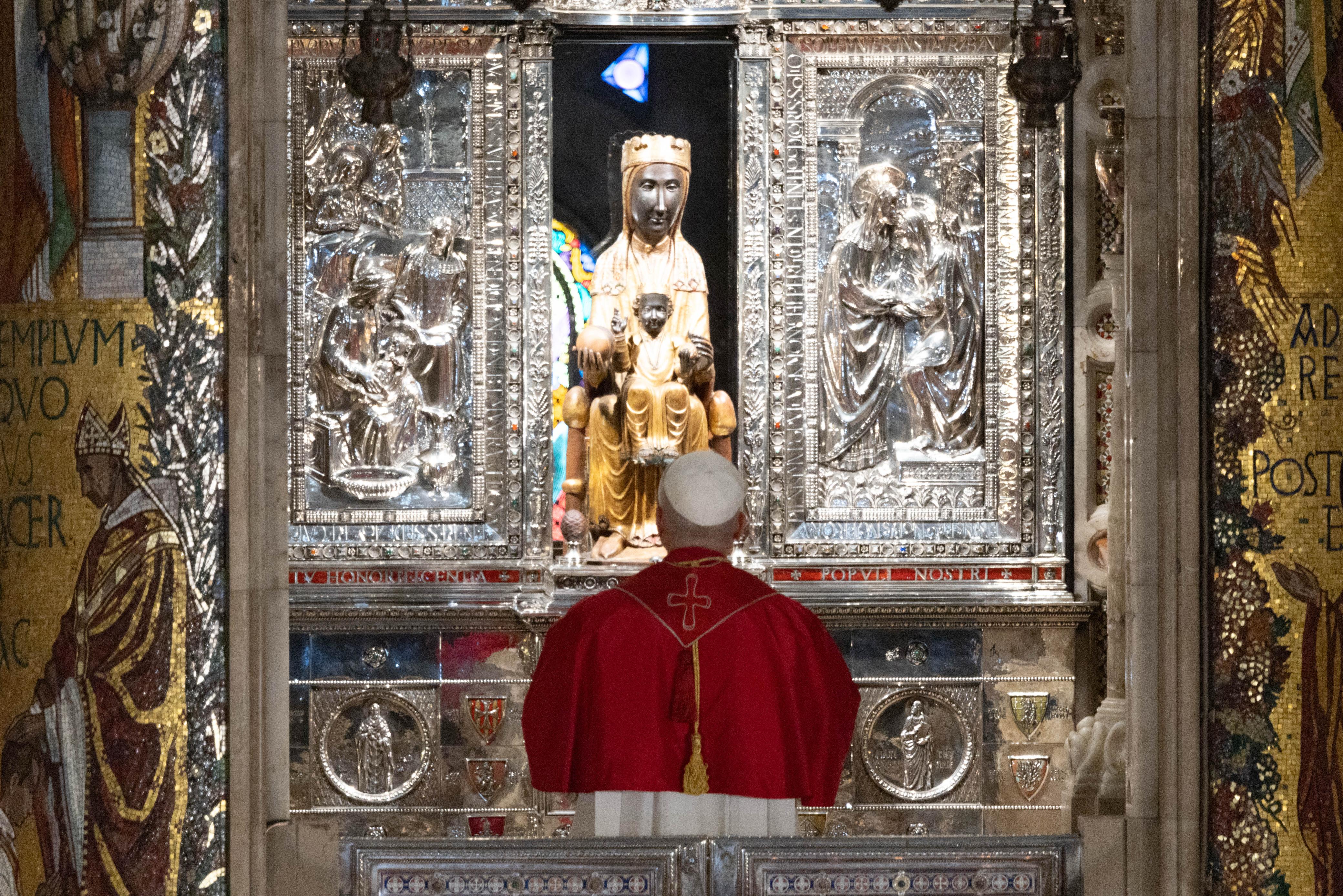Pope Leo XIV venerates a 12th-century wooden sculpture of Mary with the Child Jesus in the Abbey of Montserrat, outside of Barcelona, Spain, on June 10, 2026. | Credit: Daniel Ibanez/EWTN News