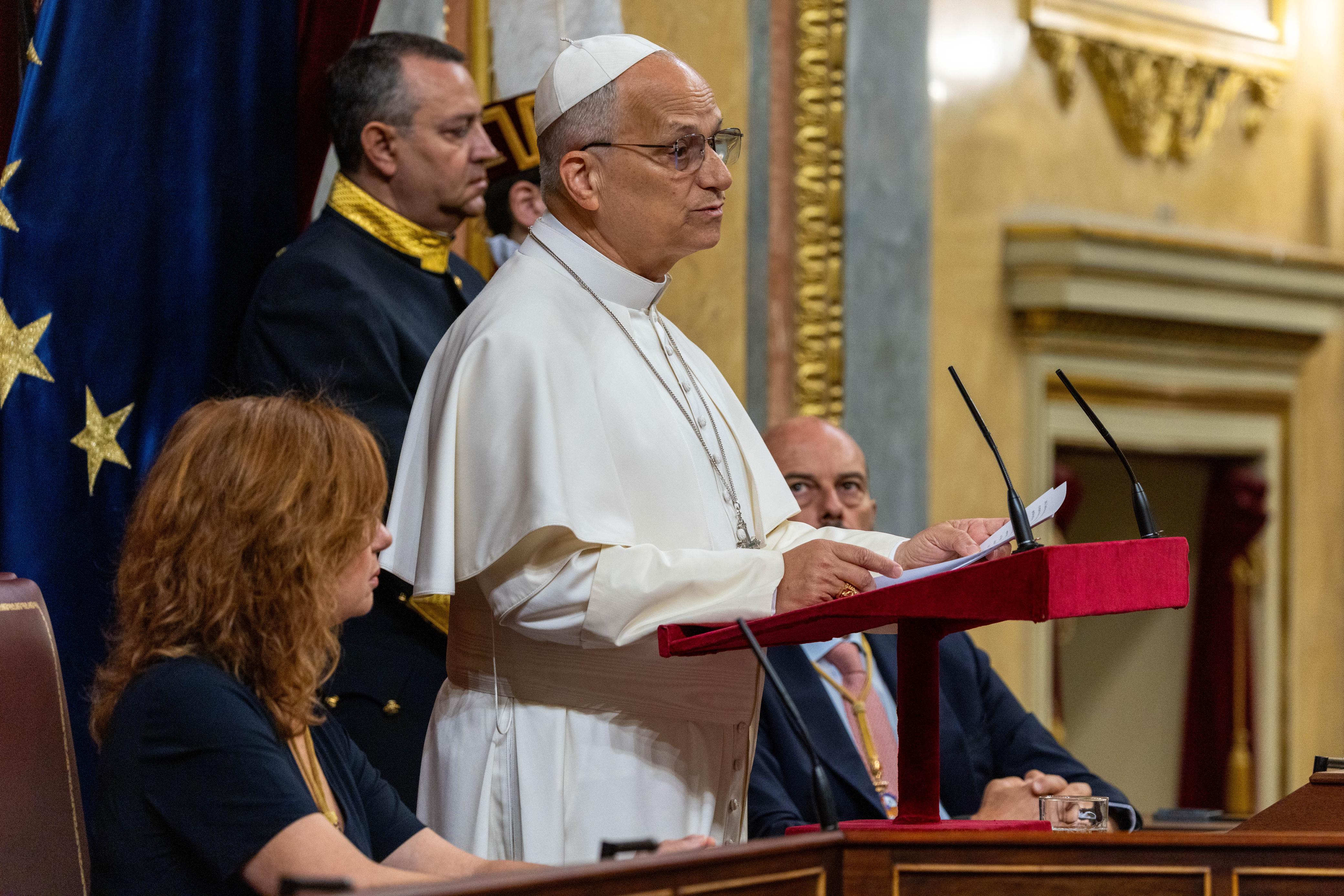 Pope Leo XIV speaks at Palacio de las Cortes in Madrid, Spain, on June 8, 2026, becoming the first pope in history to address Spain’s Parliament. | Credit: Daniel Ibáñez/EWTN News/Vatican Pool