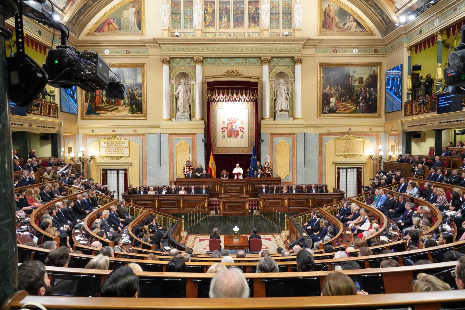 Pope Leo XIV speaks at Palacio de las Cortes in Madrid, Spain, on June 8, 2026, becoming the first pope in history to address the Spanish Parliament. | Credit: Daniel Ibáñez/EWTN News/Vatican Pool