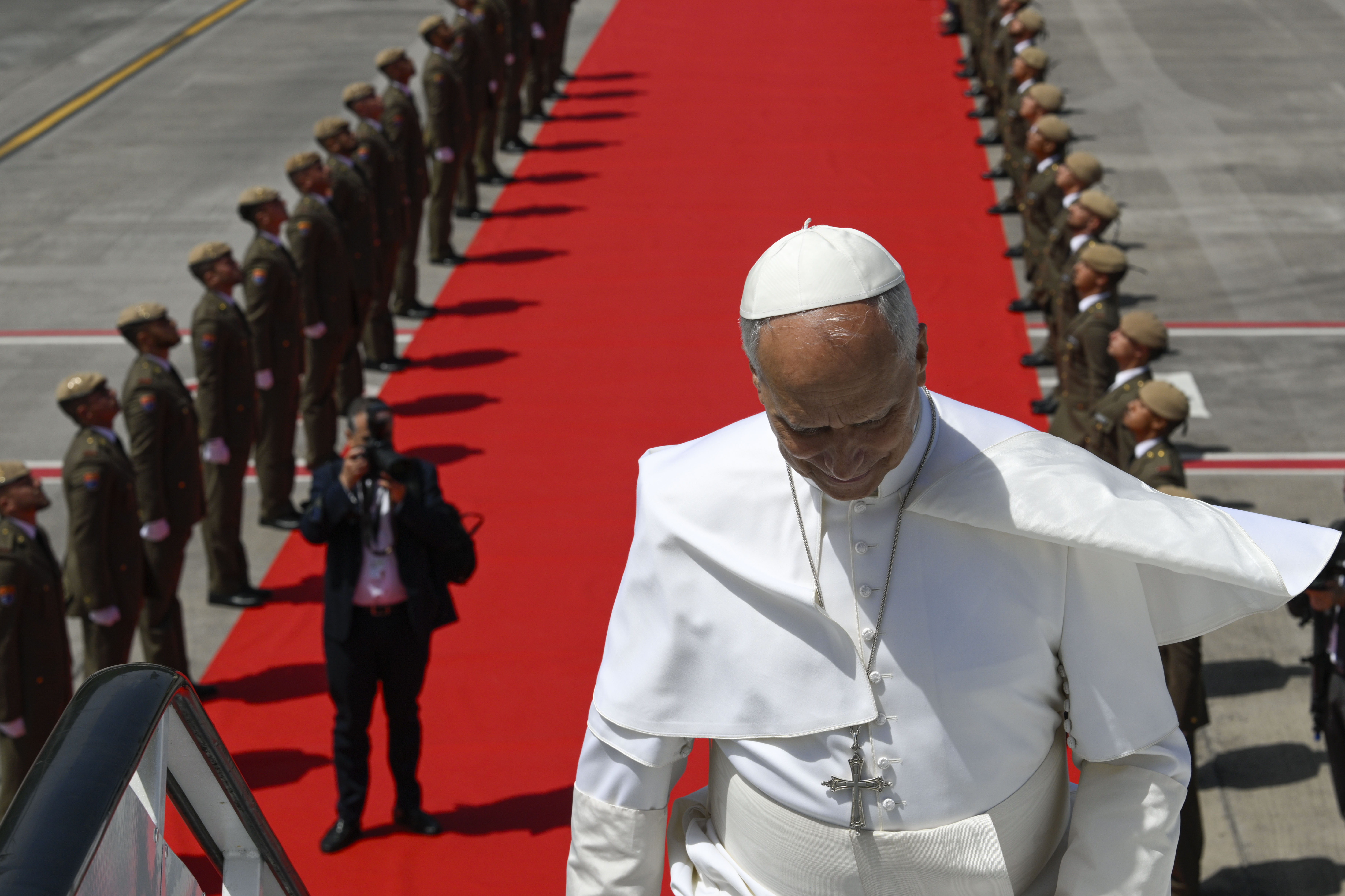 Pope Leo XIV boards the papal airplane at Tenerife International Airport, June 12, 2026. | Credit: Vatican Media