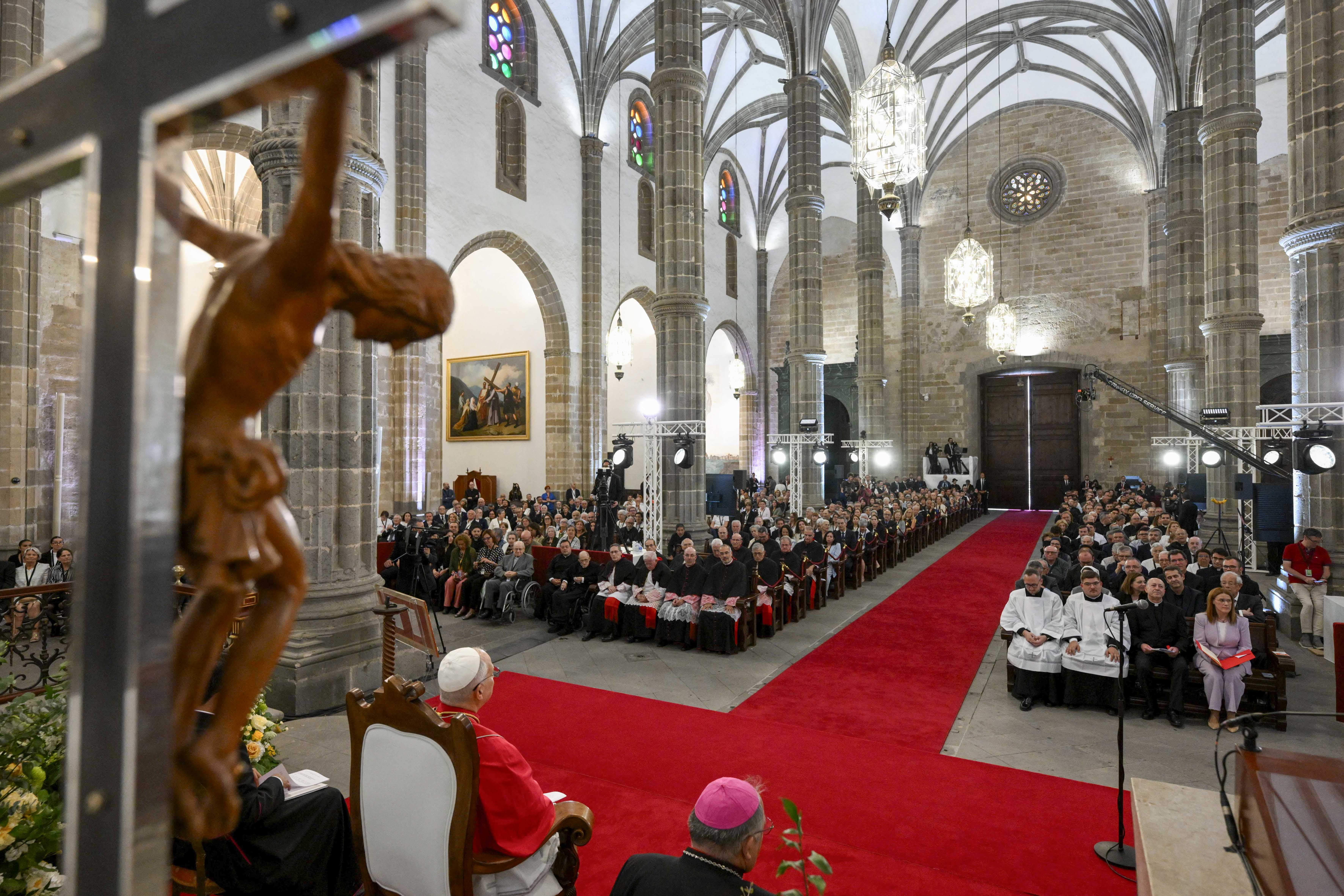 Pope Leo XIV meets with Catholics and religious leaders at the Cathedral of St. Anne in Las Palmas, Gran Canaria, Spain, June 11, 2026. | Credit: Vatican Media