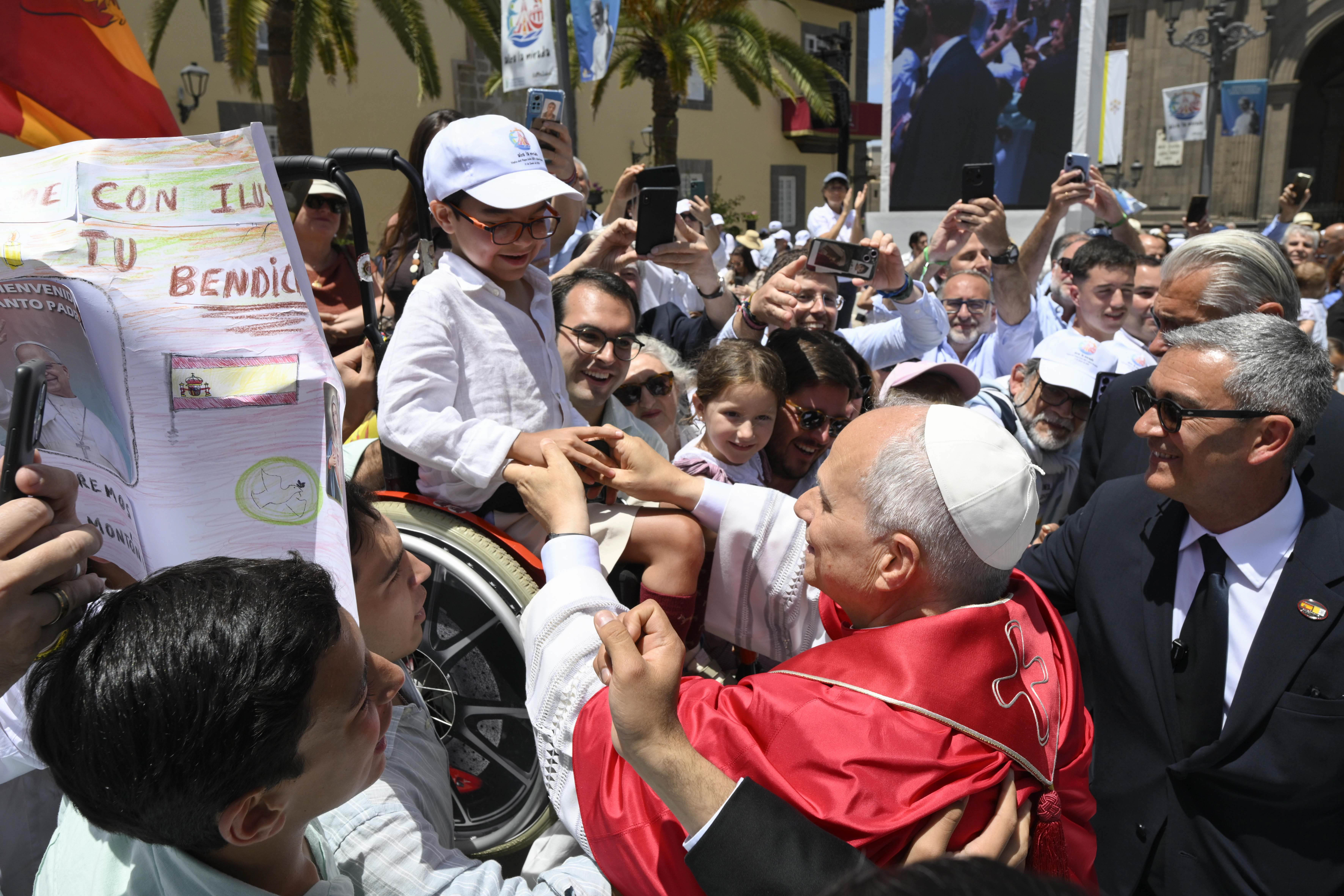 Pope Leo XIV greets a boy in a wheelchair in Las Palmas, Gran Canaria, Spain, June 11, 2026. | Credit: Vatican Media